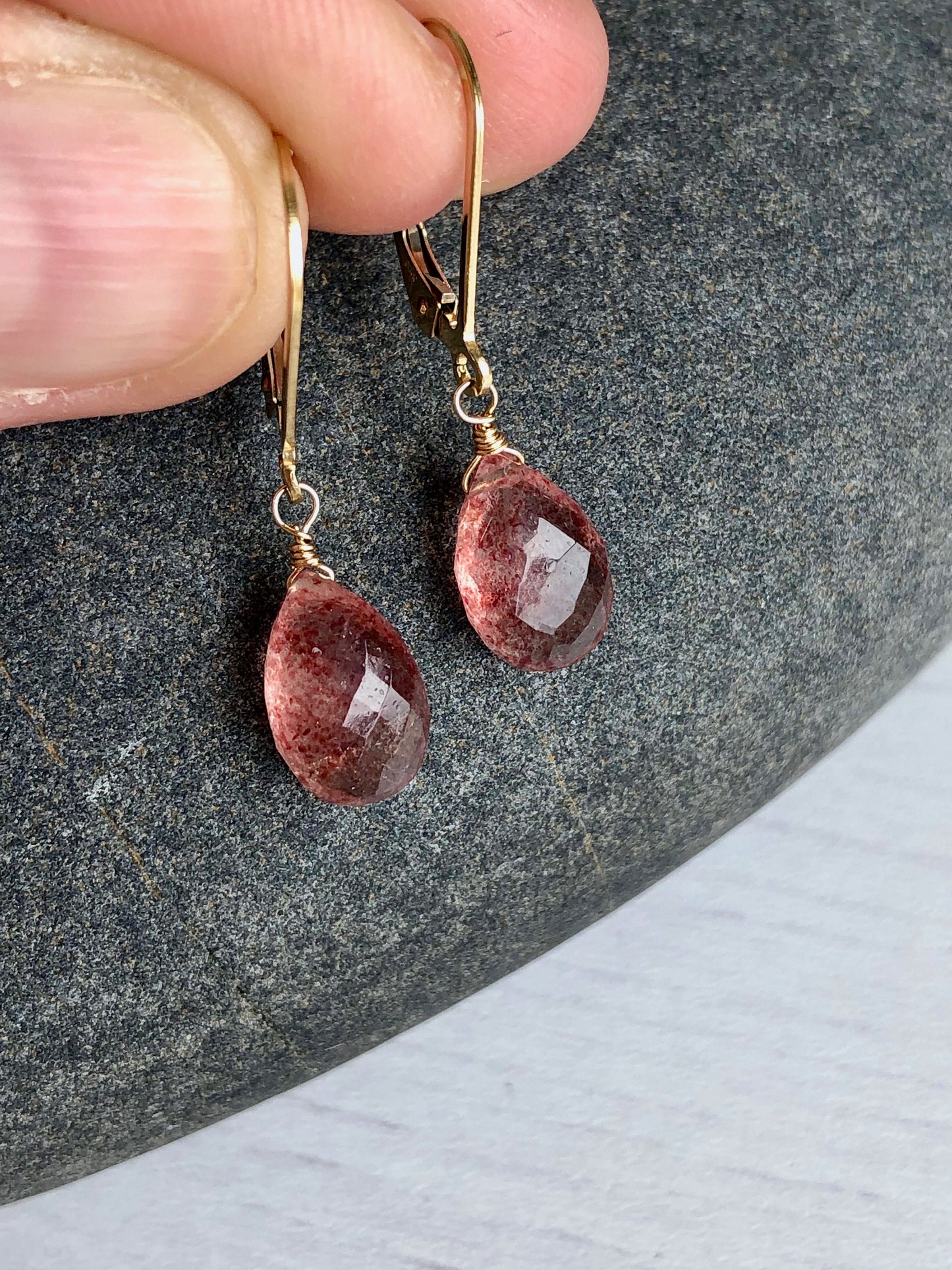Strawberry Quartz Drop Earrings- Solid 14k Gold
