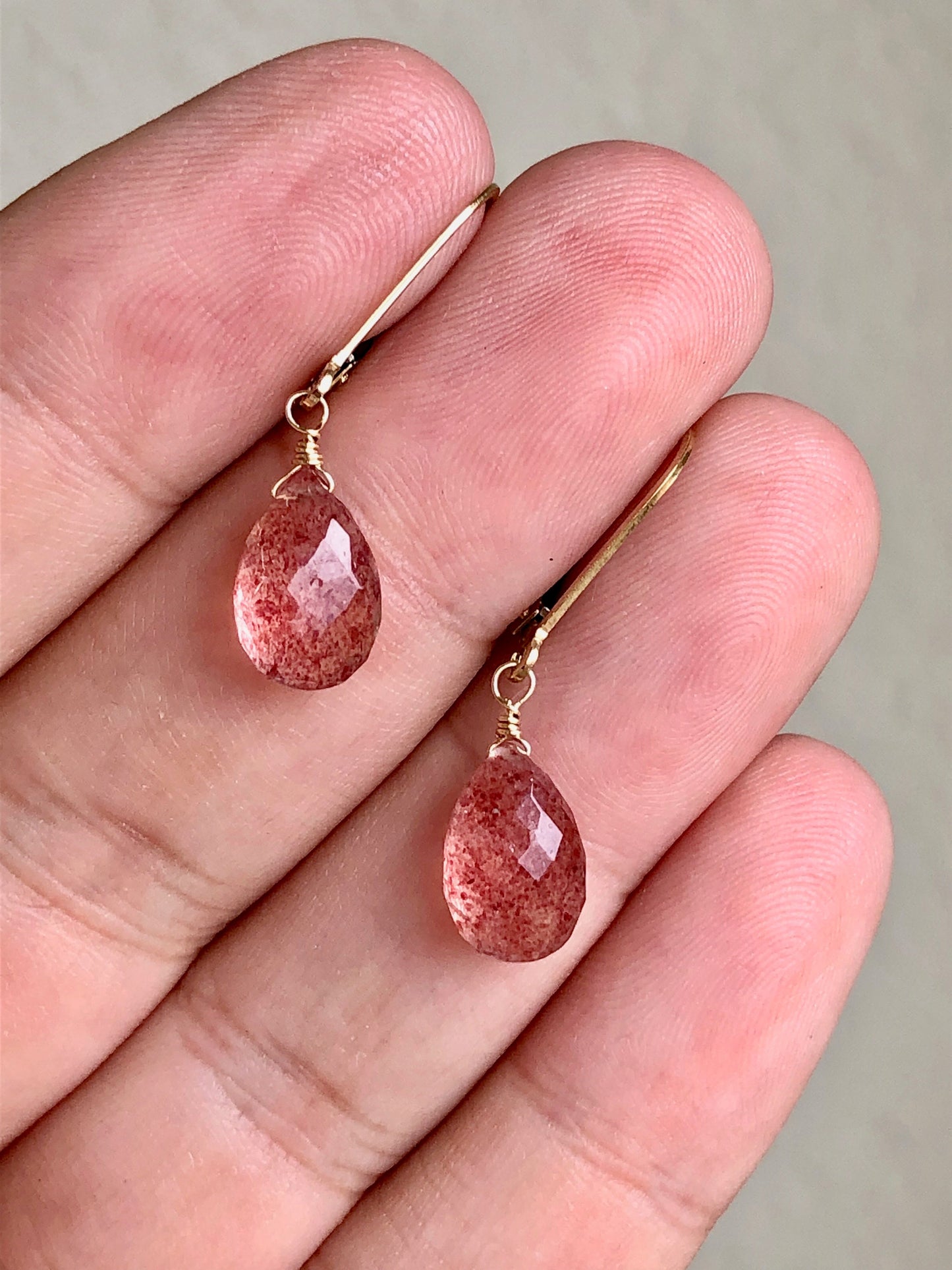Strawberry Quartz Drop Earrings- Solid 14k Gold