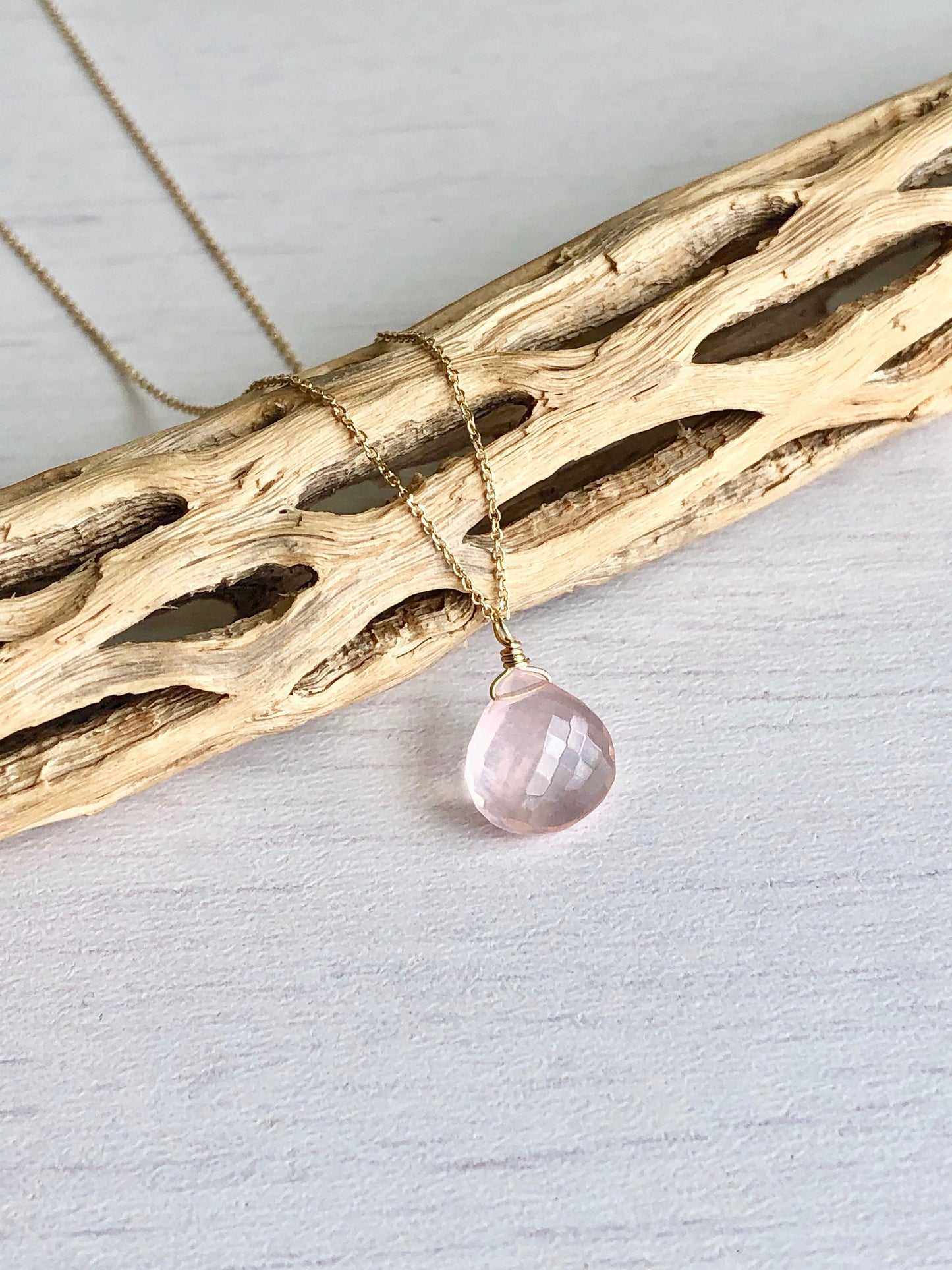 Rose Quartz Teardrop Necklace- Solid 14k Yellow Gold