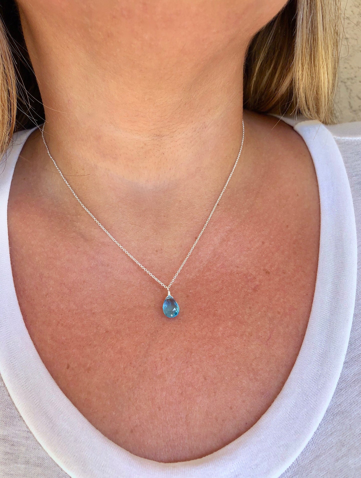 Sky Blue Topaz Teardrop Necklace- December Birthstone