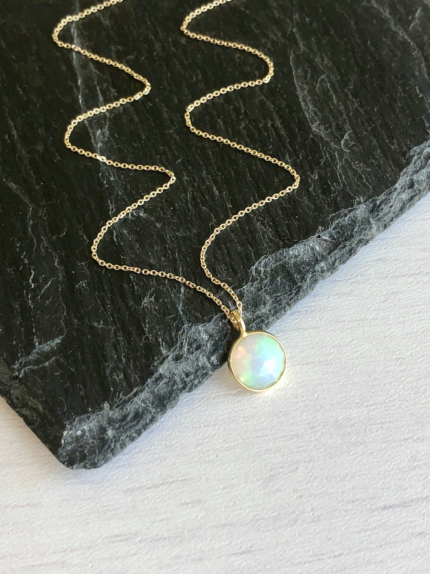Ethiopian Opal Tiny Dome Necklace -Solid 14k Gold