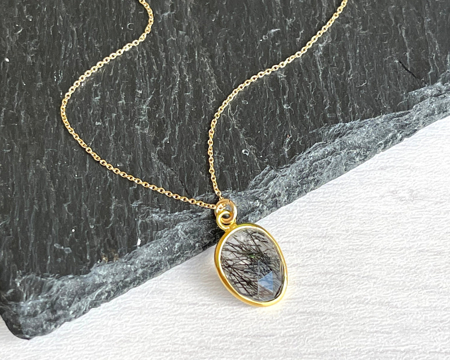Rutilated Quartz Oval Necklace- Solid 14k Gold