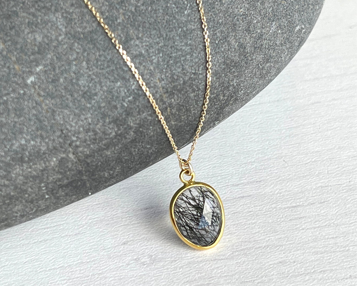Rutilated Quartz Oval Necklace- Solid 14k Gold