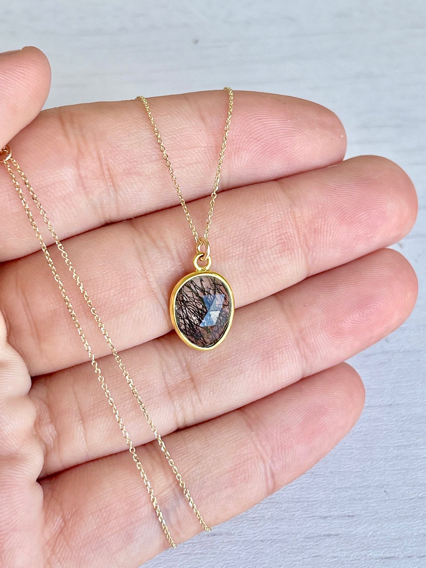 Rutilated Quartz Oval Necklace- Solid 14k Gold