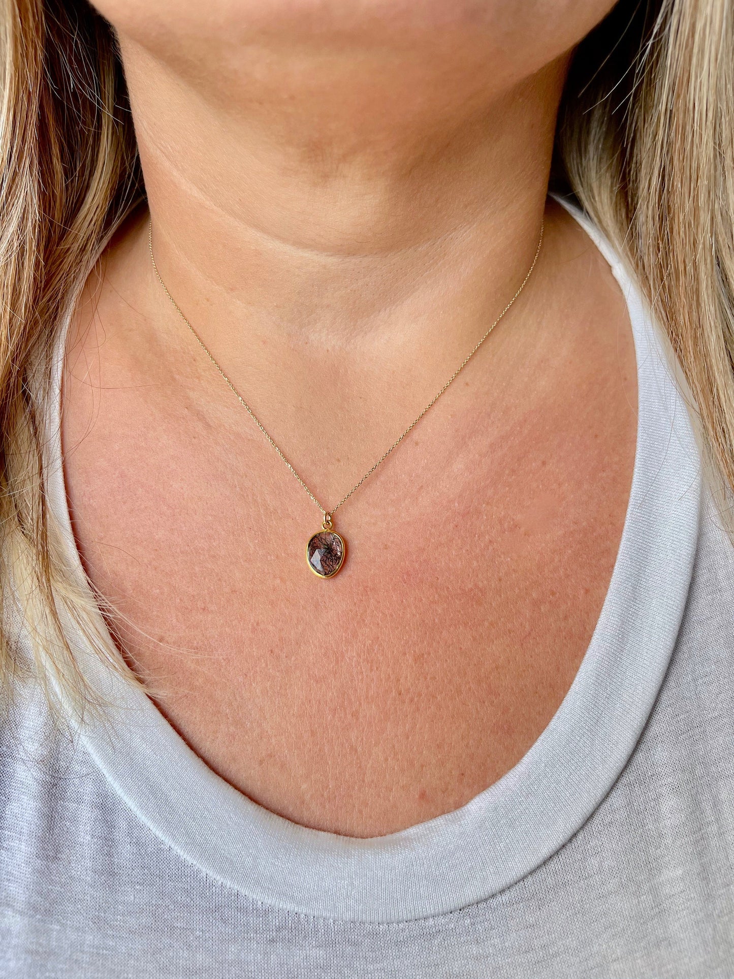 Rutilated Quartz Oval Necklace- Solid 14k Gold