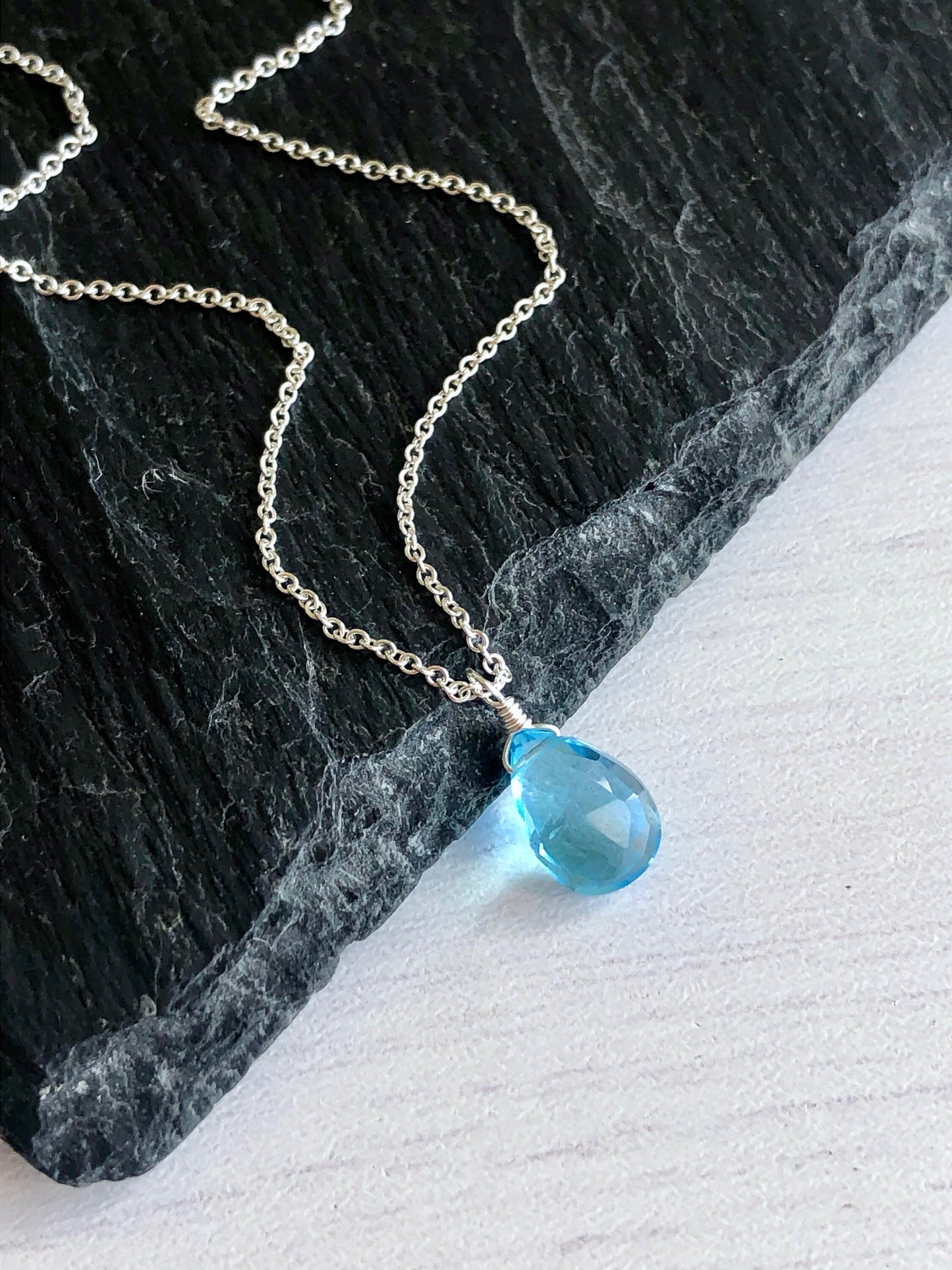 Sky Blue Topaz Teardrop Necklace- December Birthstone