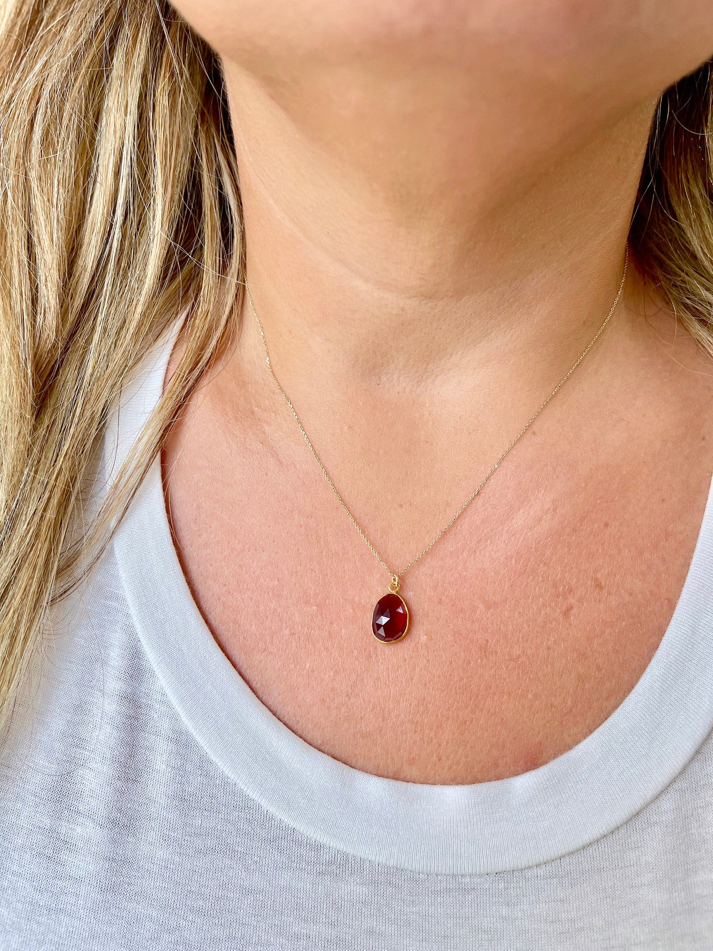 Garnet Oval Bezeled Necklace-Solid 14k Gold