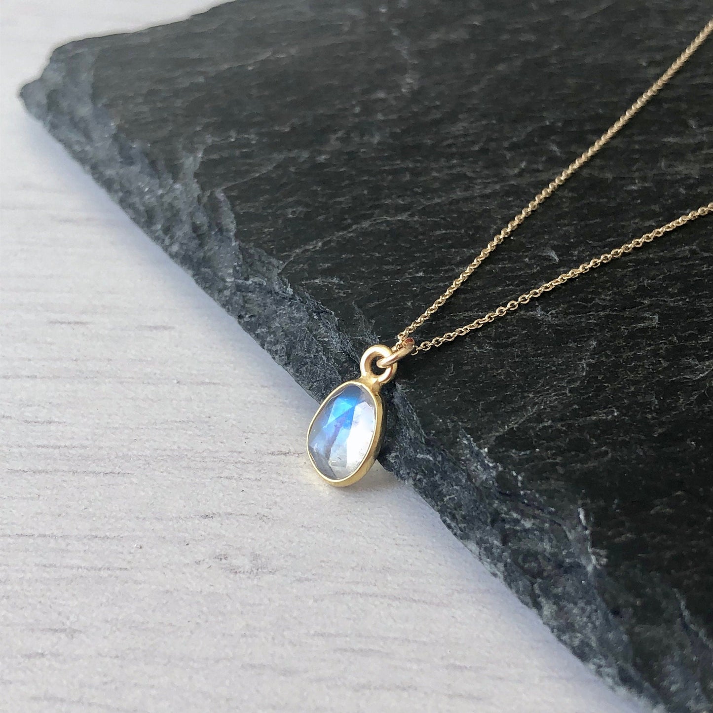 Rainbow Moonstone Necklace, Solid Gold Necklace, 14K Gold, June Birthstone