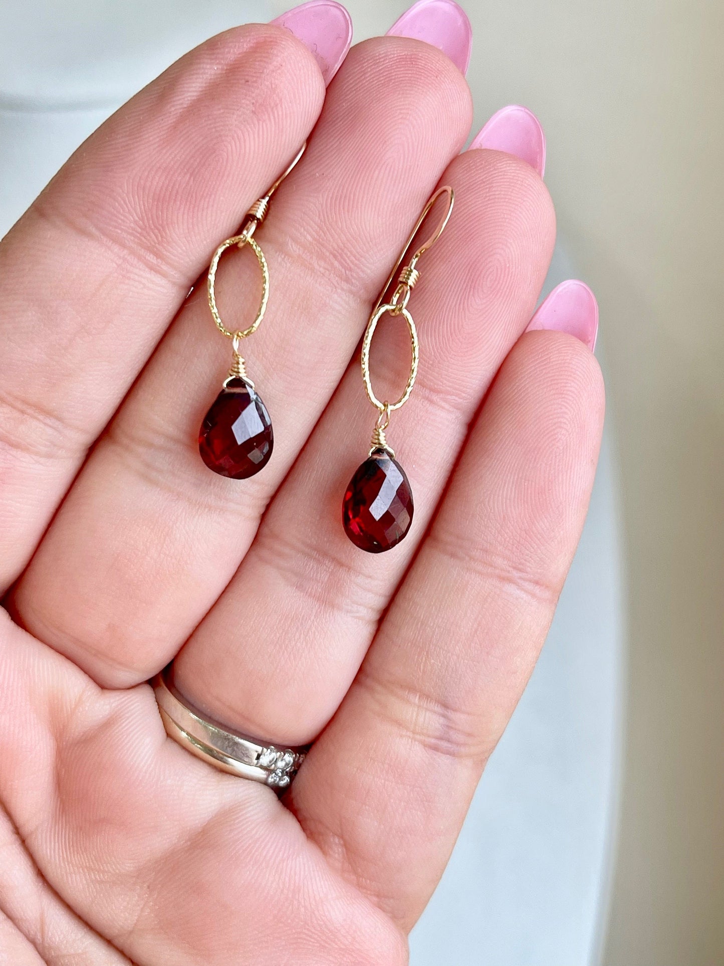 Garnet Teardrop Oval Link Earrings