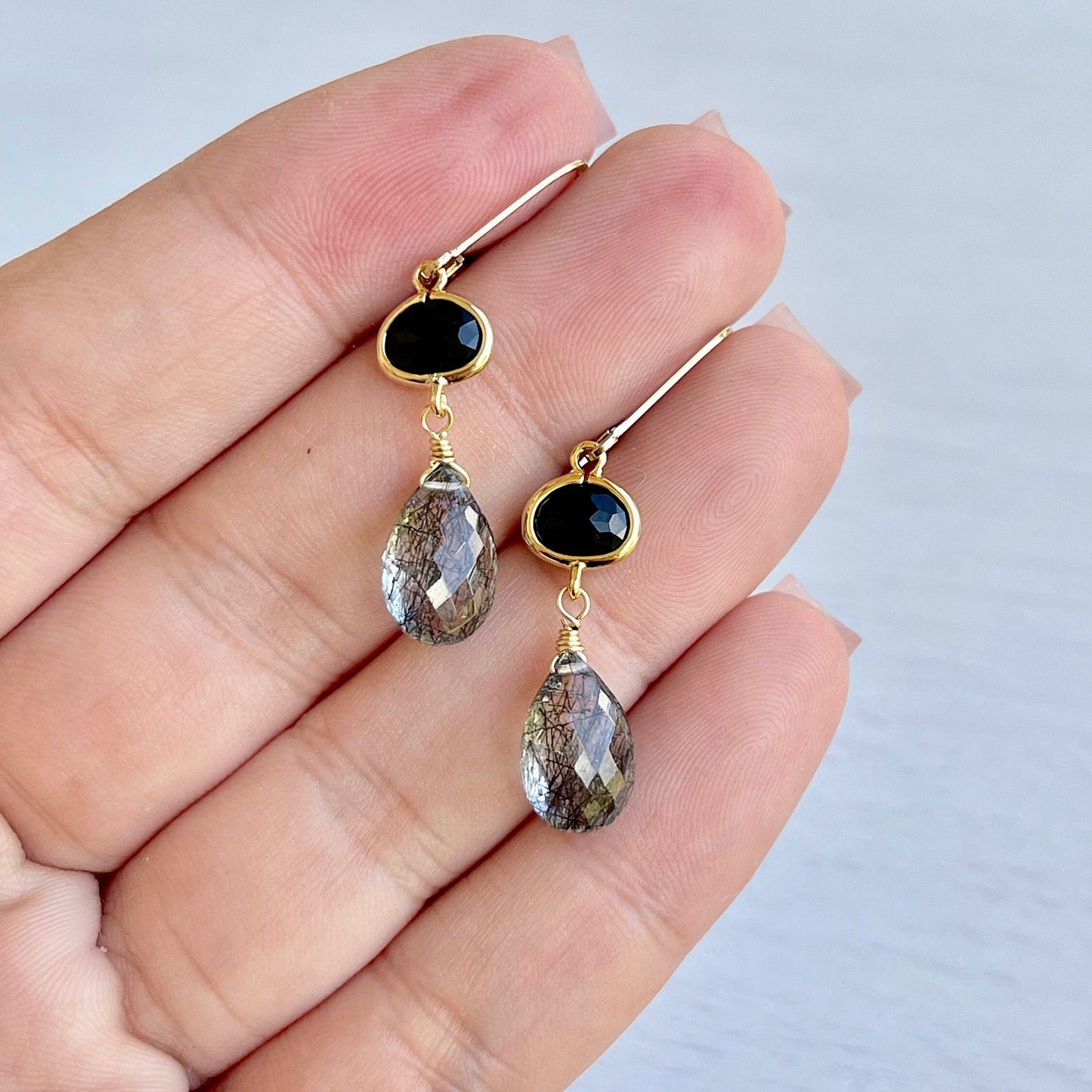 Onyx and Rutilated Quartz Earrings