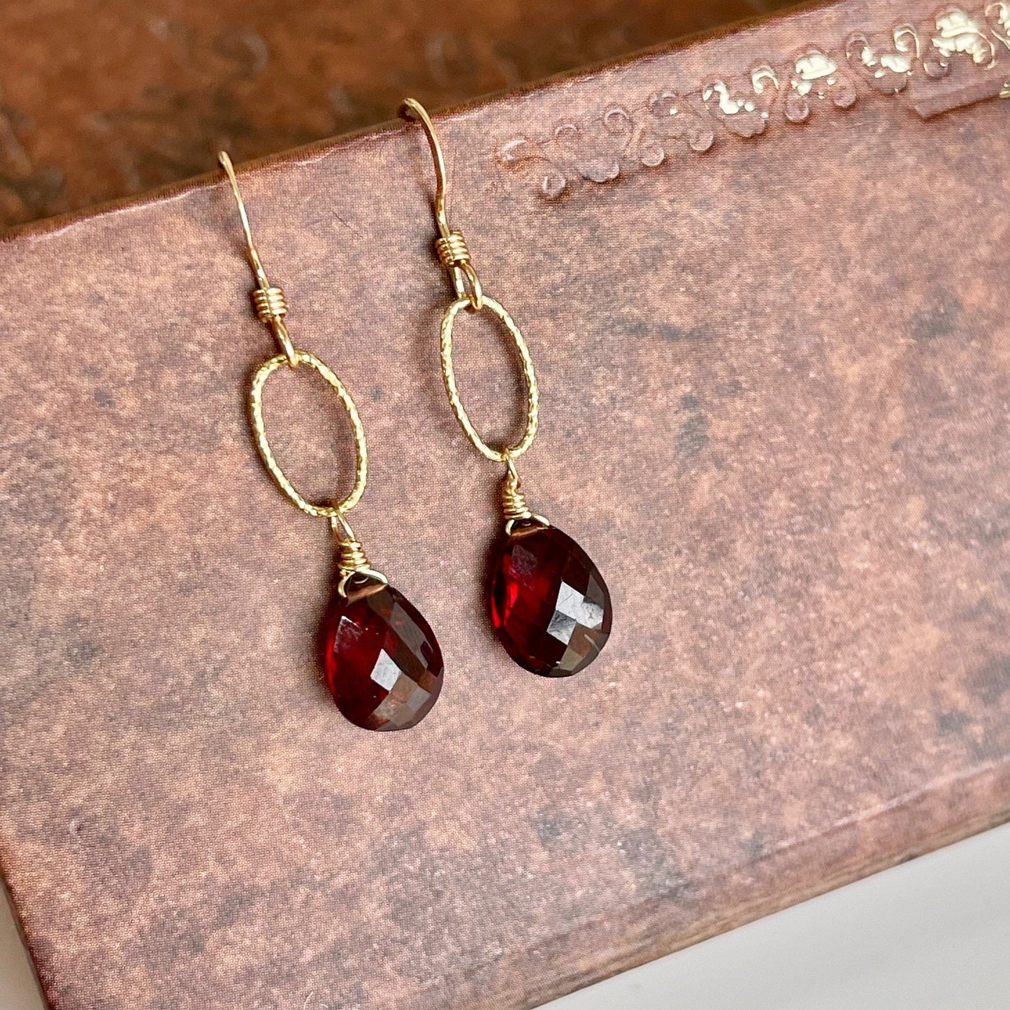 Garnet Teardrop Oval Link Earrings