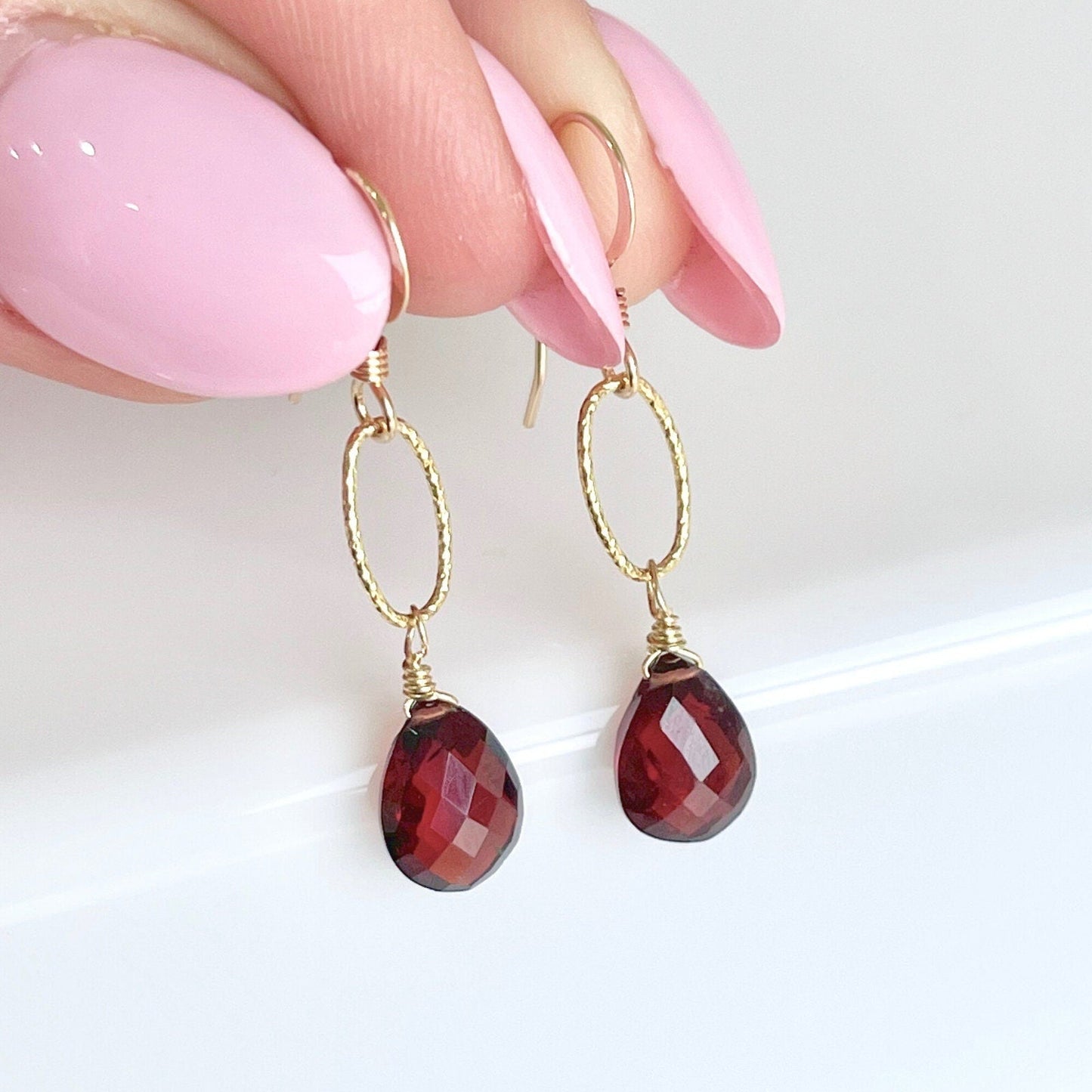 Garnet Teardrop Oval Link Earrings