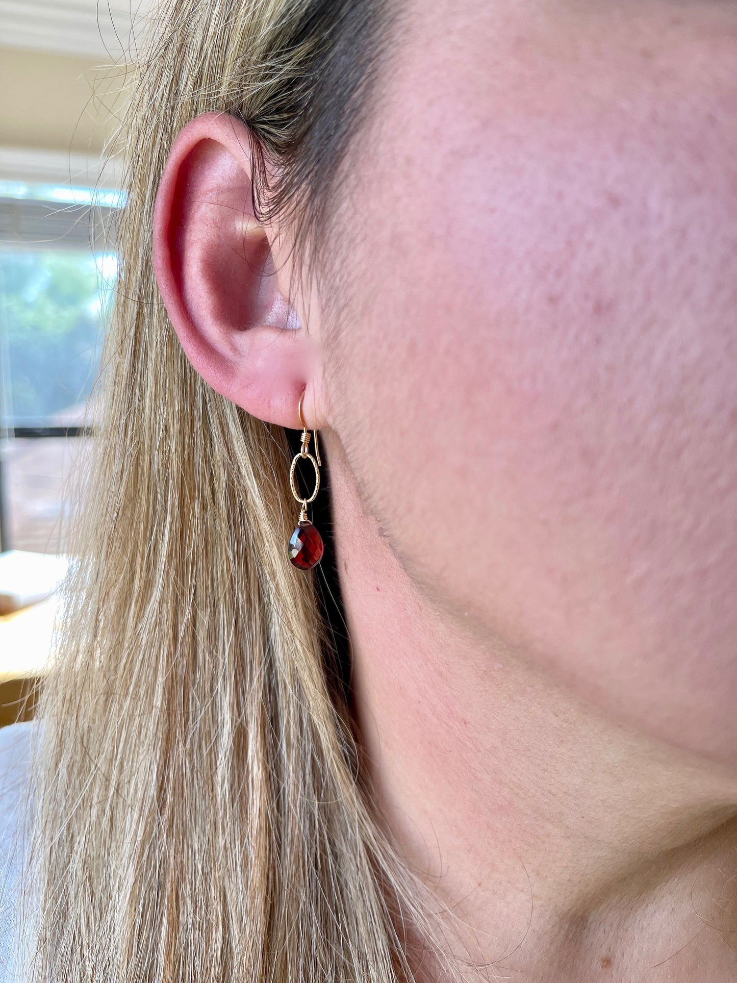 Garnet Teardrop Oval Link Earrings