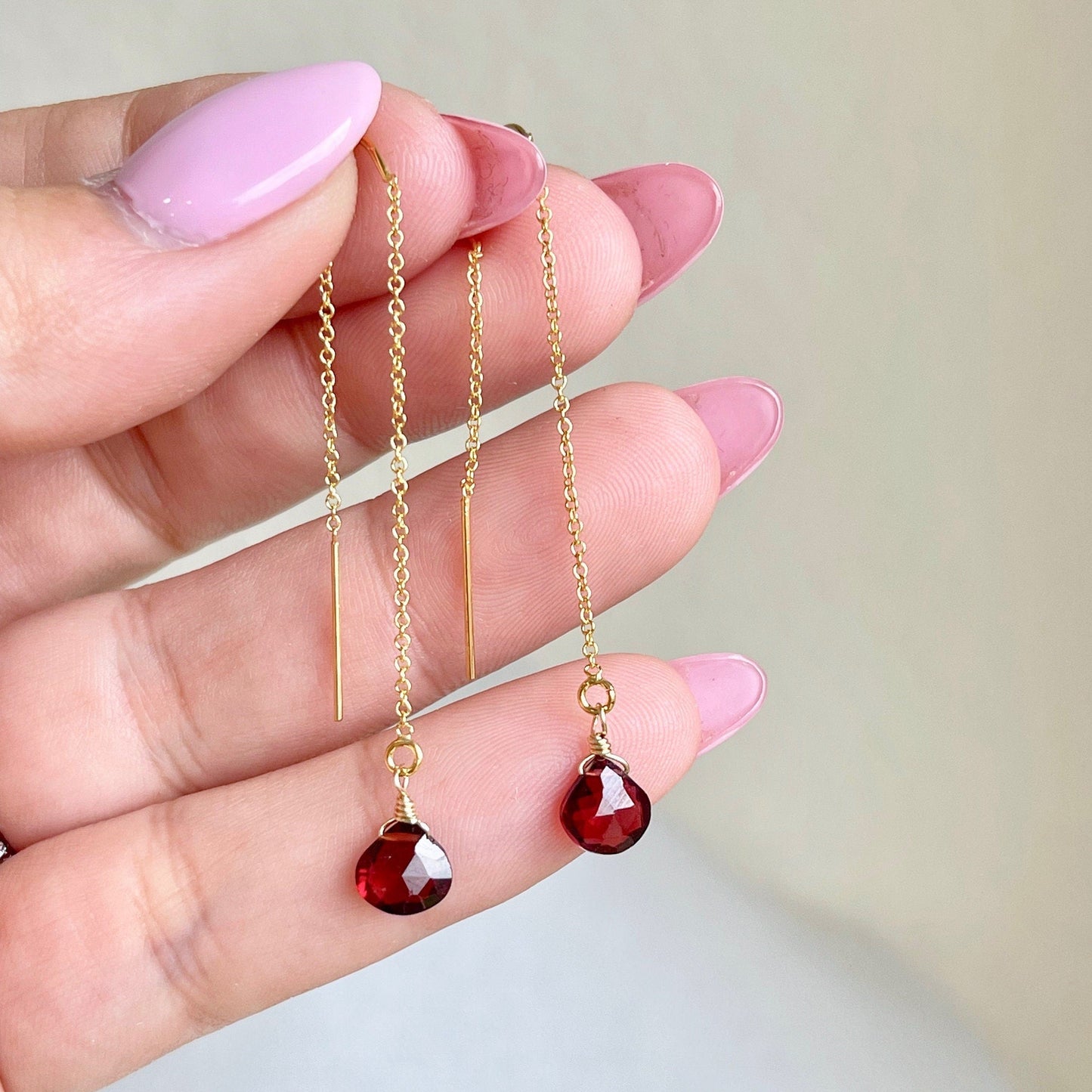Garnet Threader Pull Through Earrings