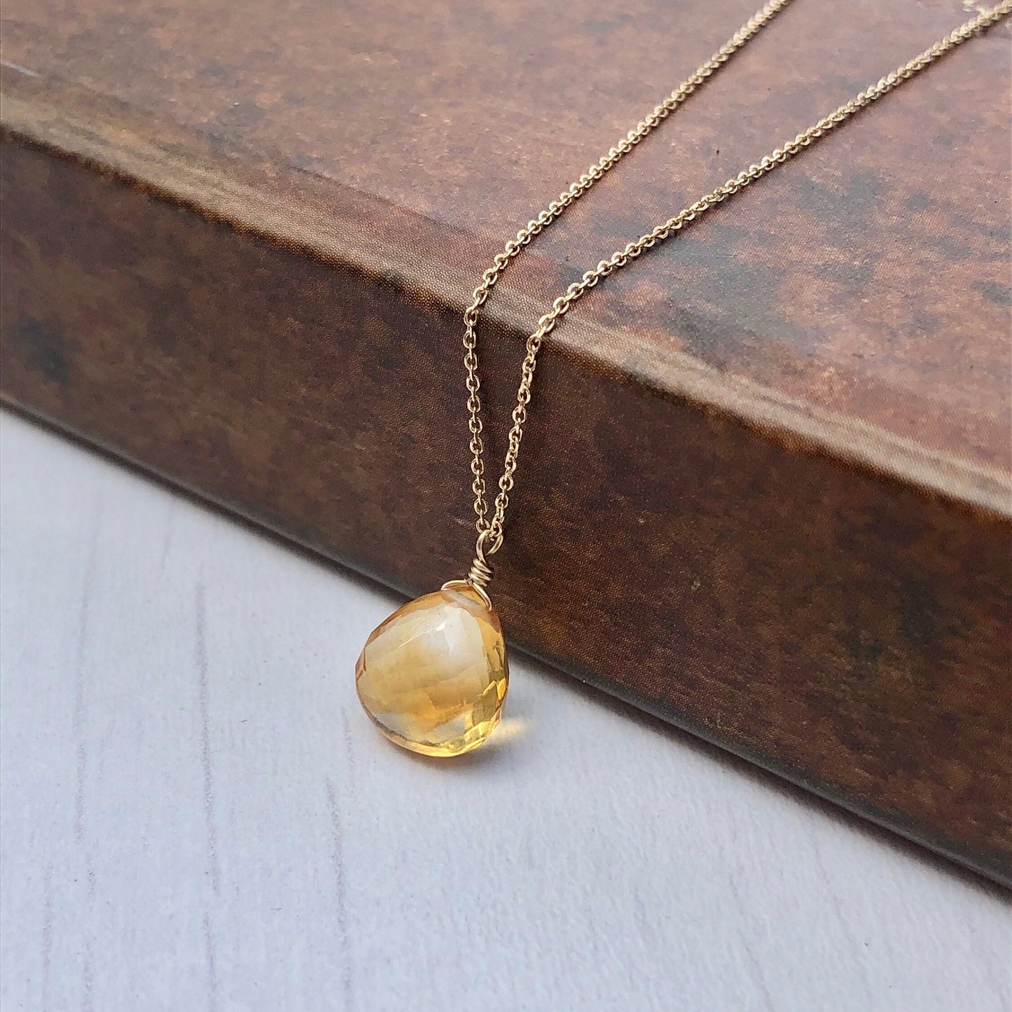 Yellow Topaz Teardrop Necklace- Solid 14k Gold