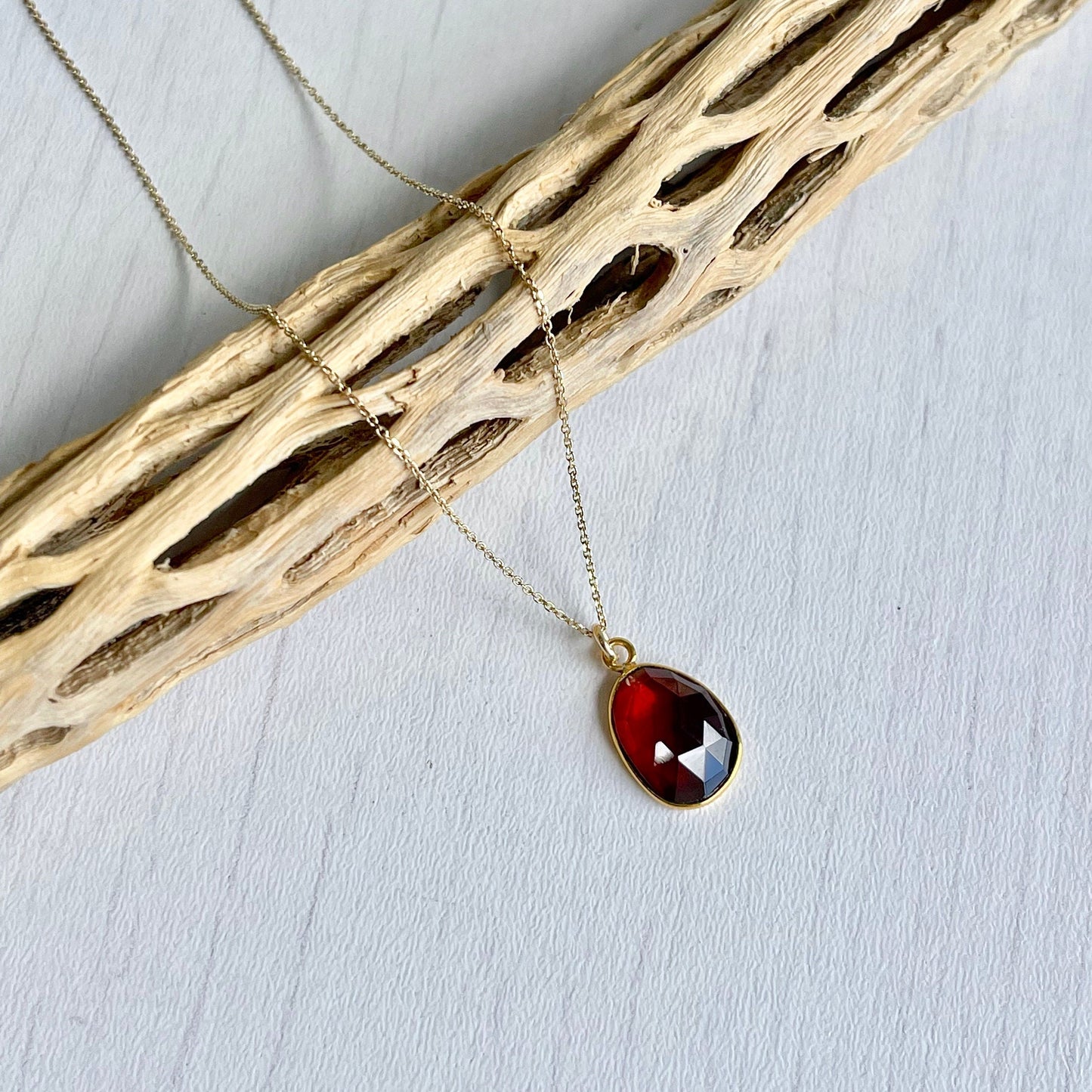 Garnet Oval Bezeled Necklace-Solid 14k Gold