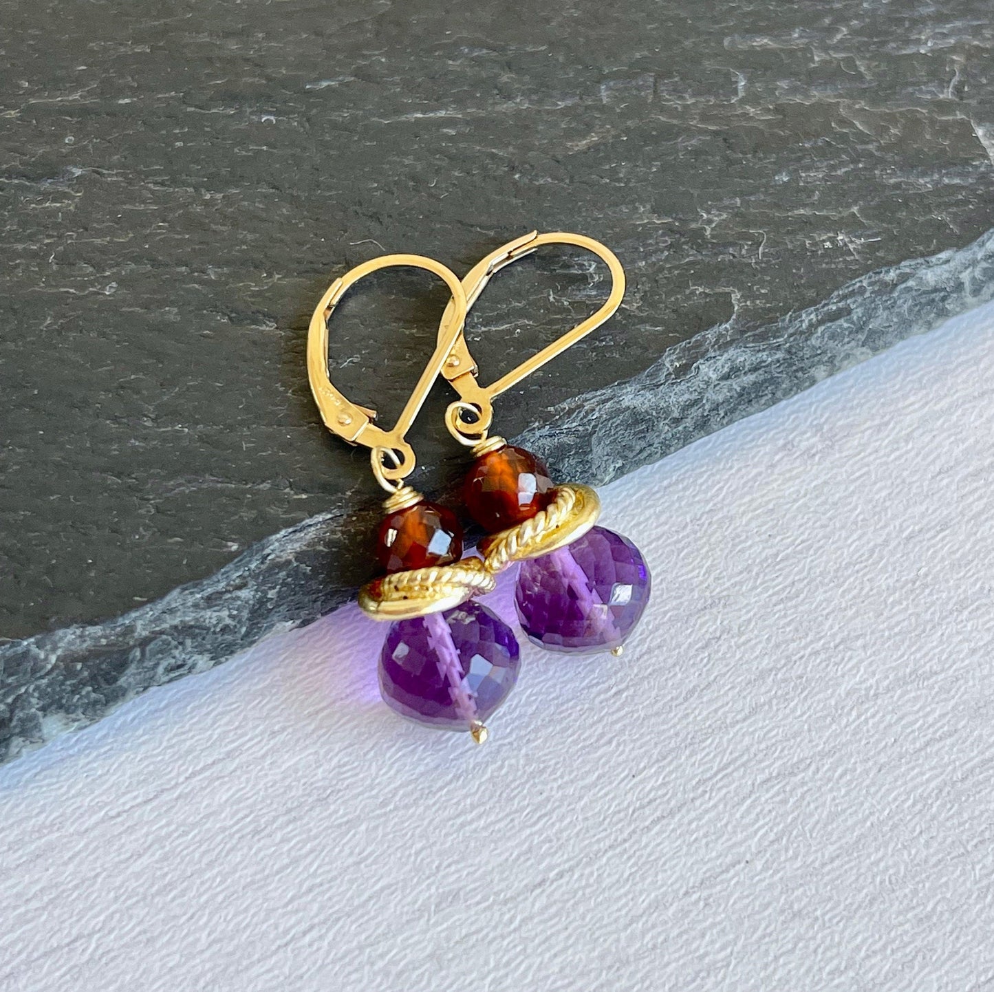 Amethyst and Hessonite Garnet Earrings, February Birthstone, Purple and Orange Dangle Jewelry in Gold or Silver, Gift for her