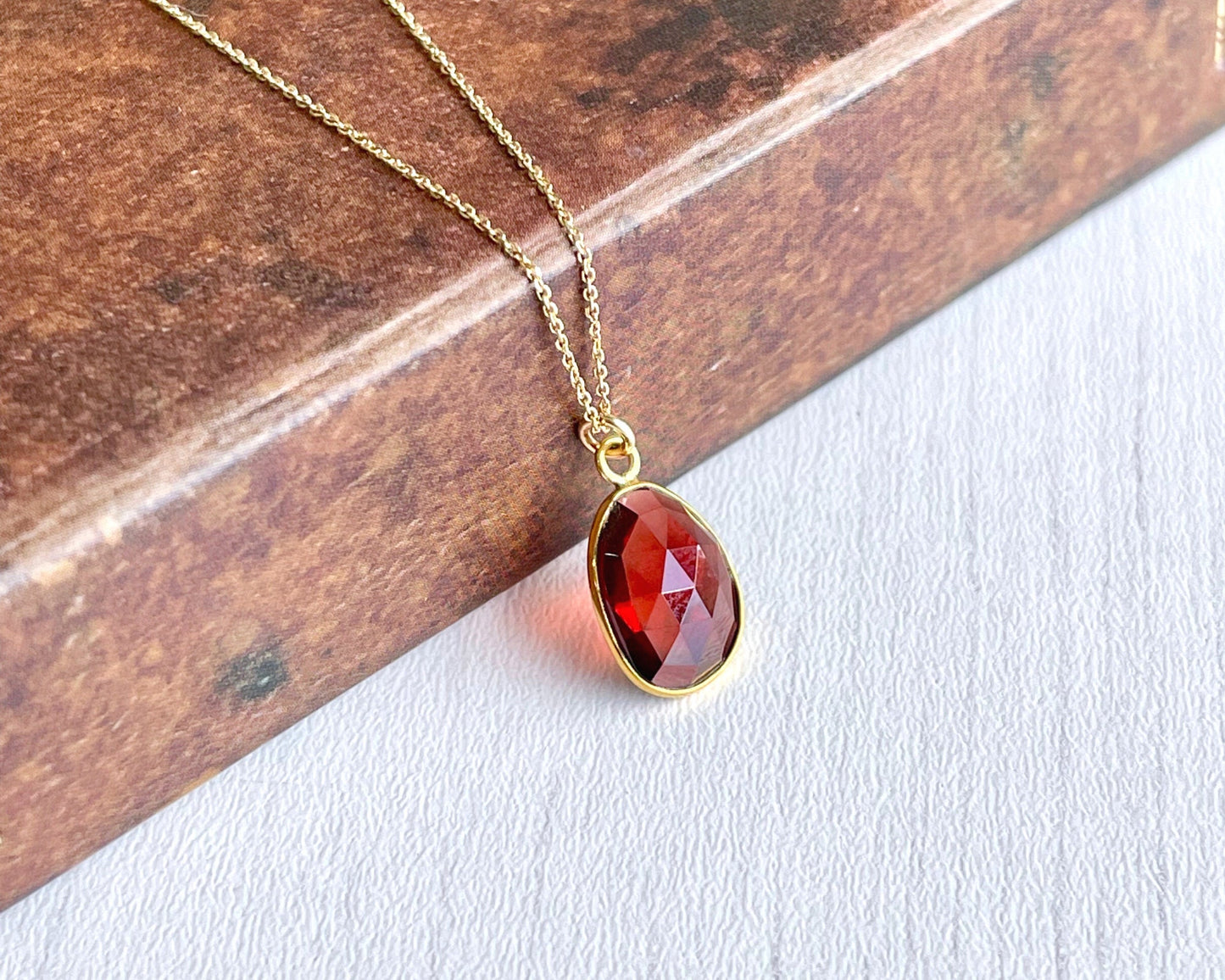 Garnet Oval Bezeled Necklace-Solid 14k Gold
