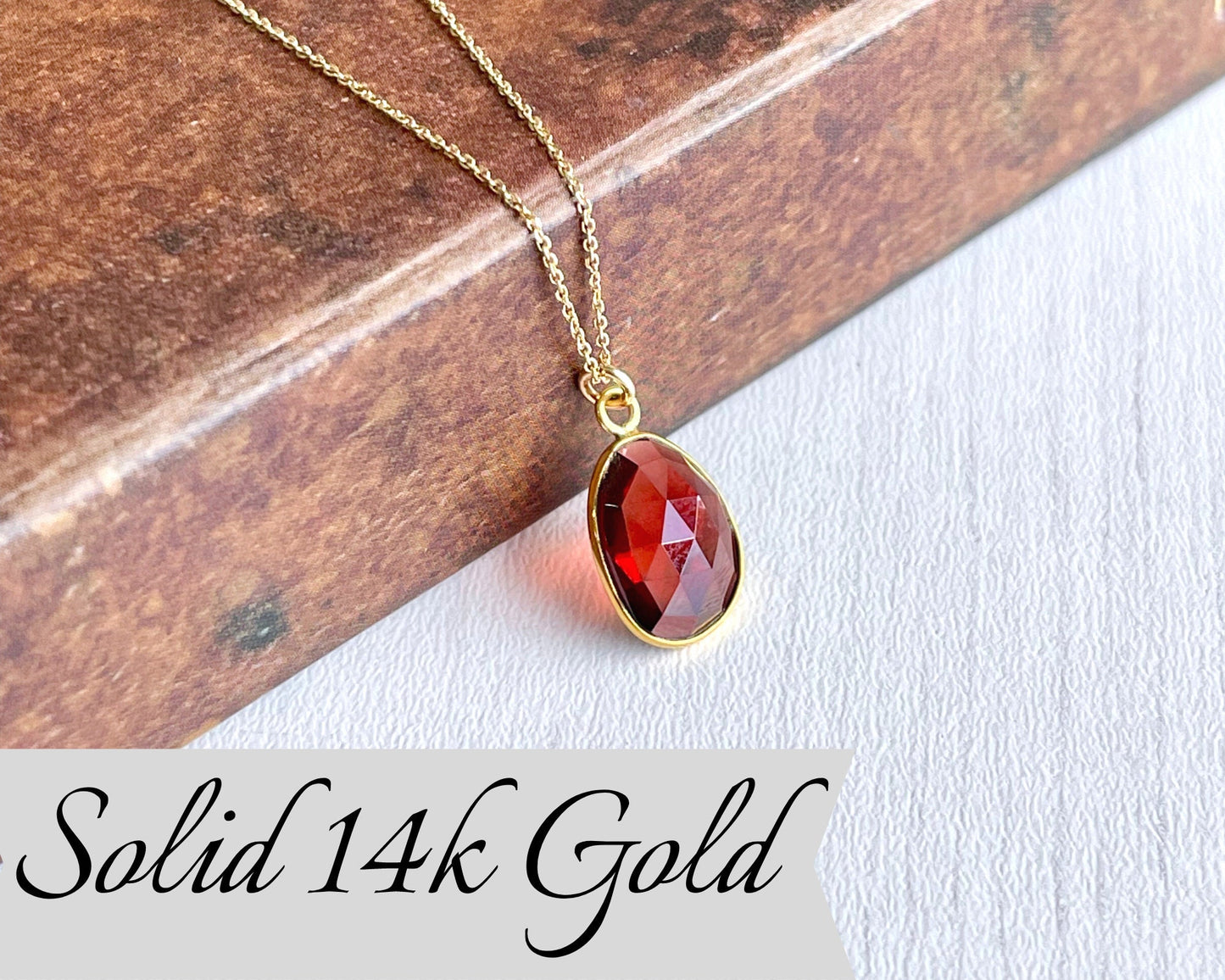 Garnet Oval Bezeled Necklace-Solid 14k Gold
