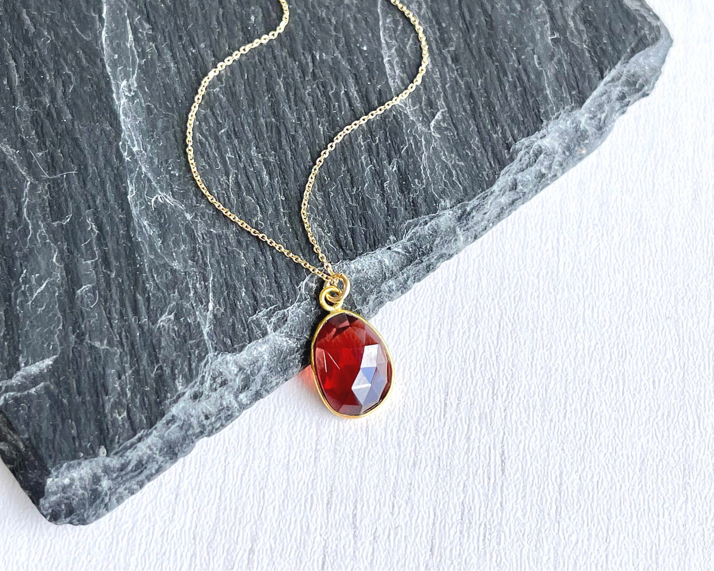 Garnet Oval Bezeled Necklace-Solid 14k Gold