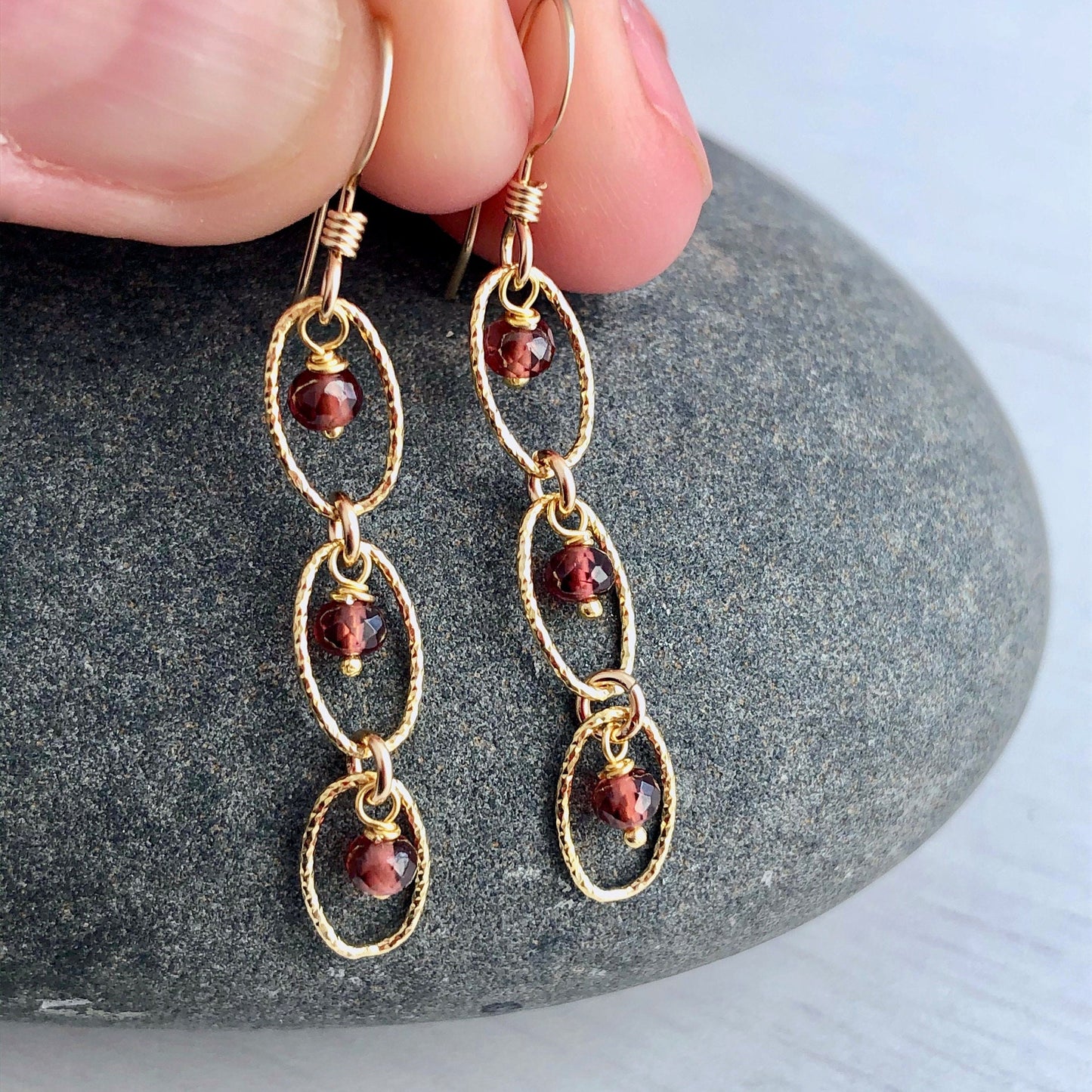 Garnet Oval Link Earrings- Gold Filled
