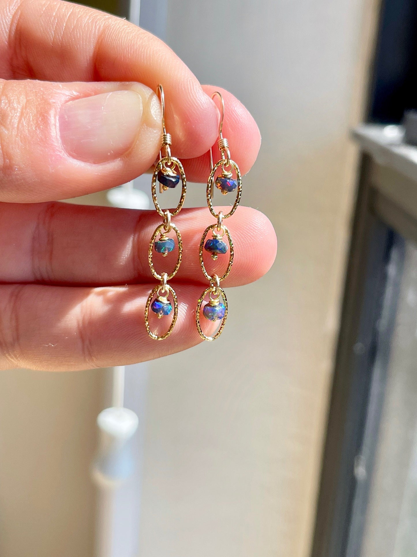 Black Opal Three Oval Link Earrings- October Birthstone