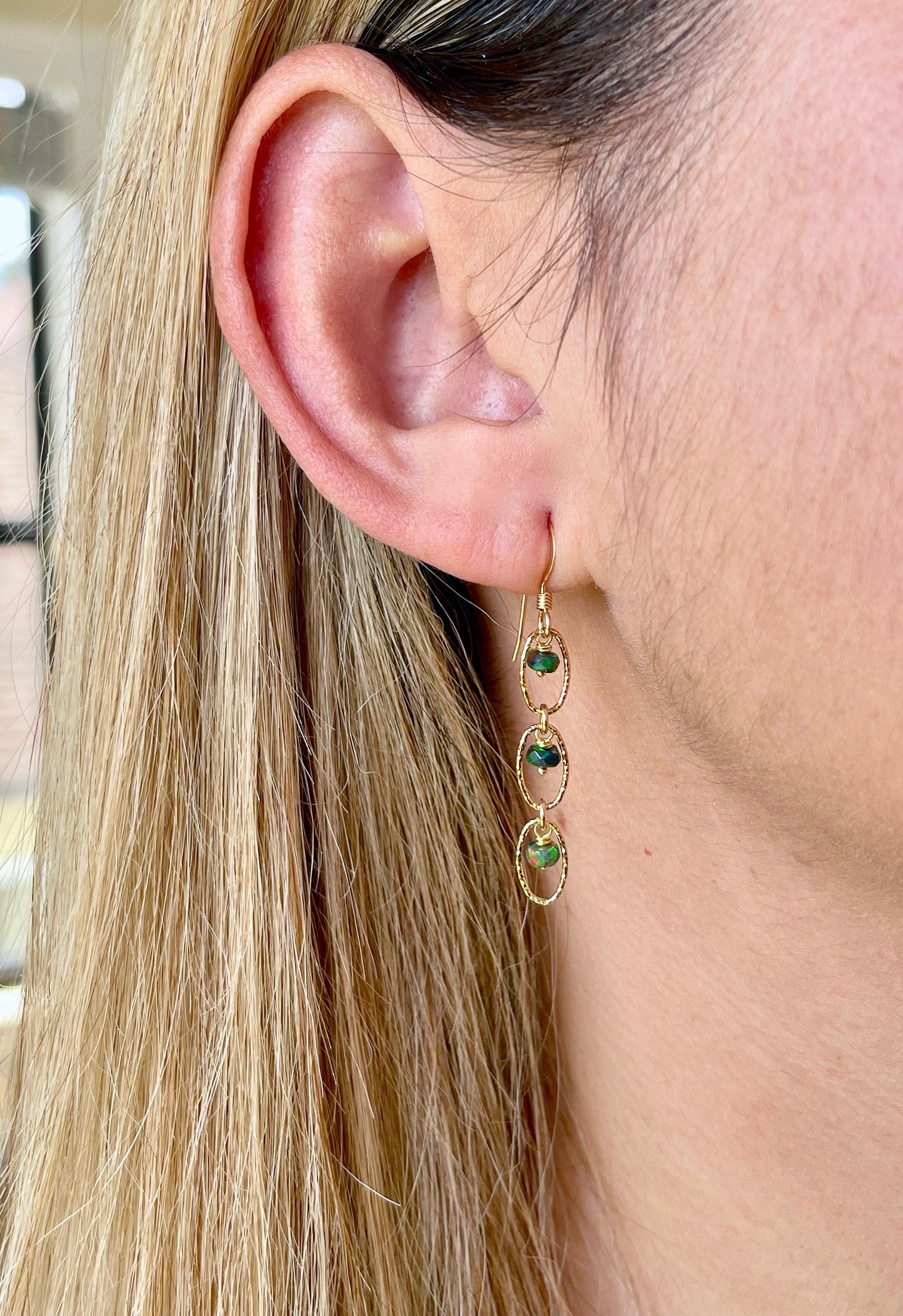 Black Opal Three Oval Link Earrings- October Birthstone