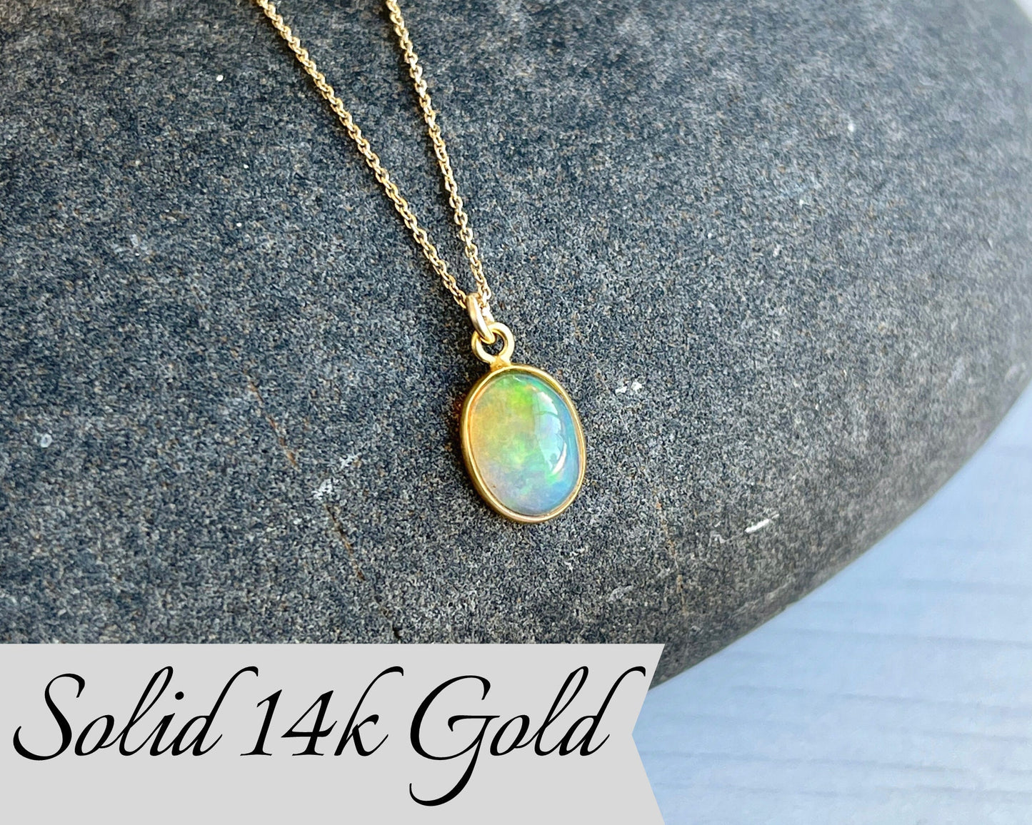 Tiny Ethiopian Opal Oval Necklace- Solid 14k Gold