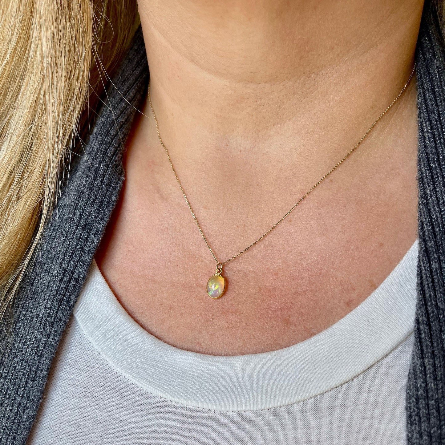 Tiny Ethiopian Opal Oval Necklace- Solid 14k Gold