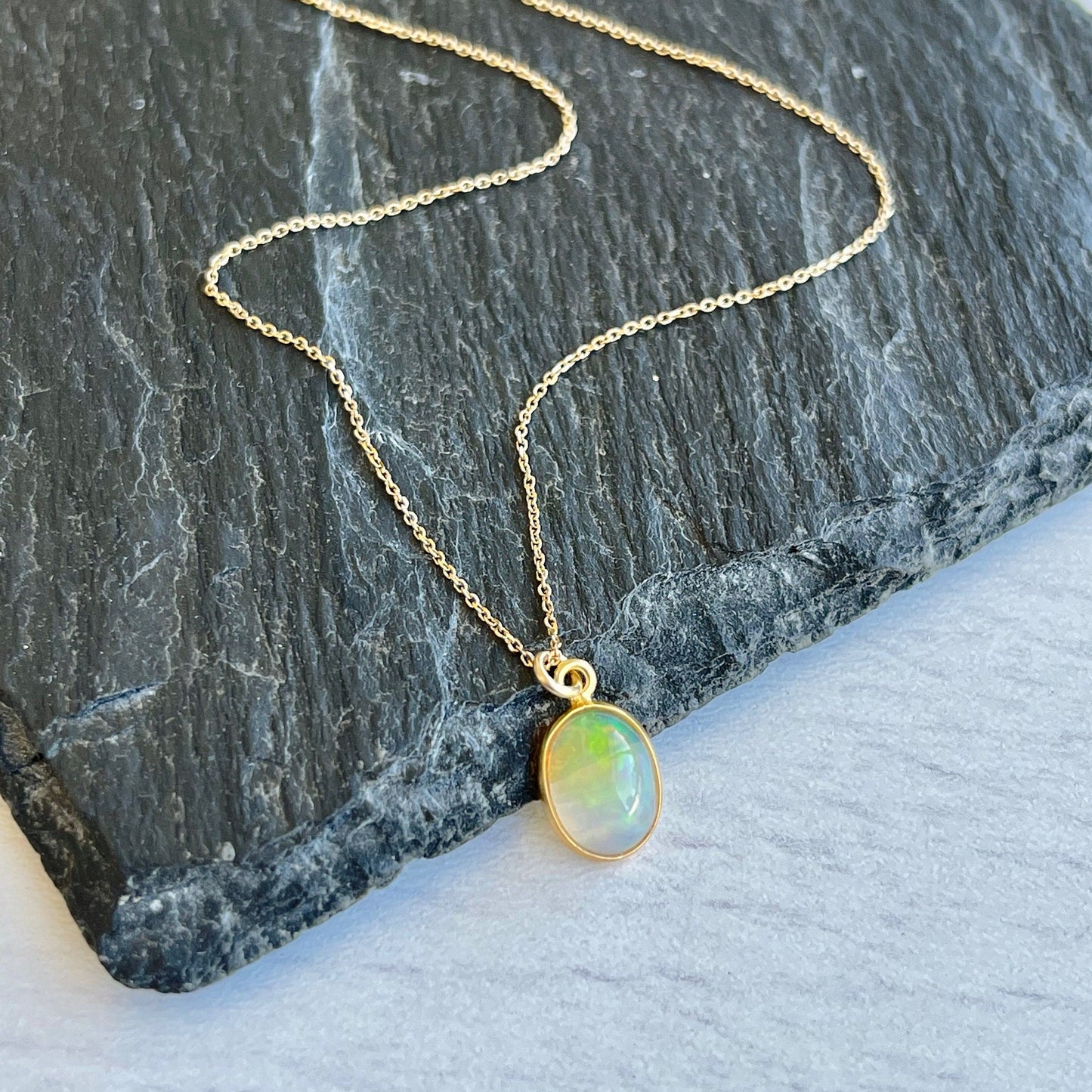 Tiny Ethiopian Opal Oval Necklace- Solid 14k Gold