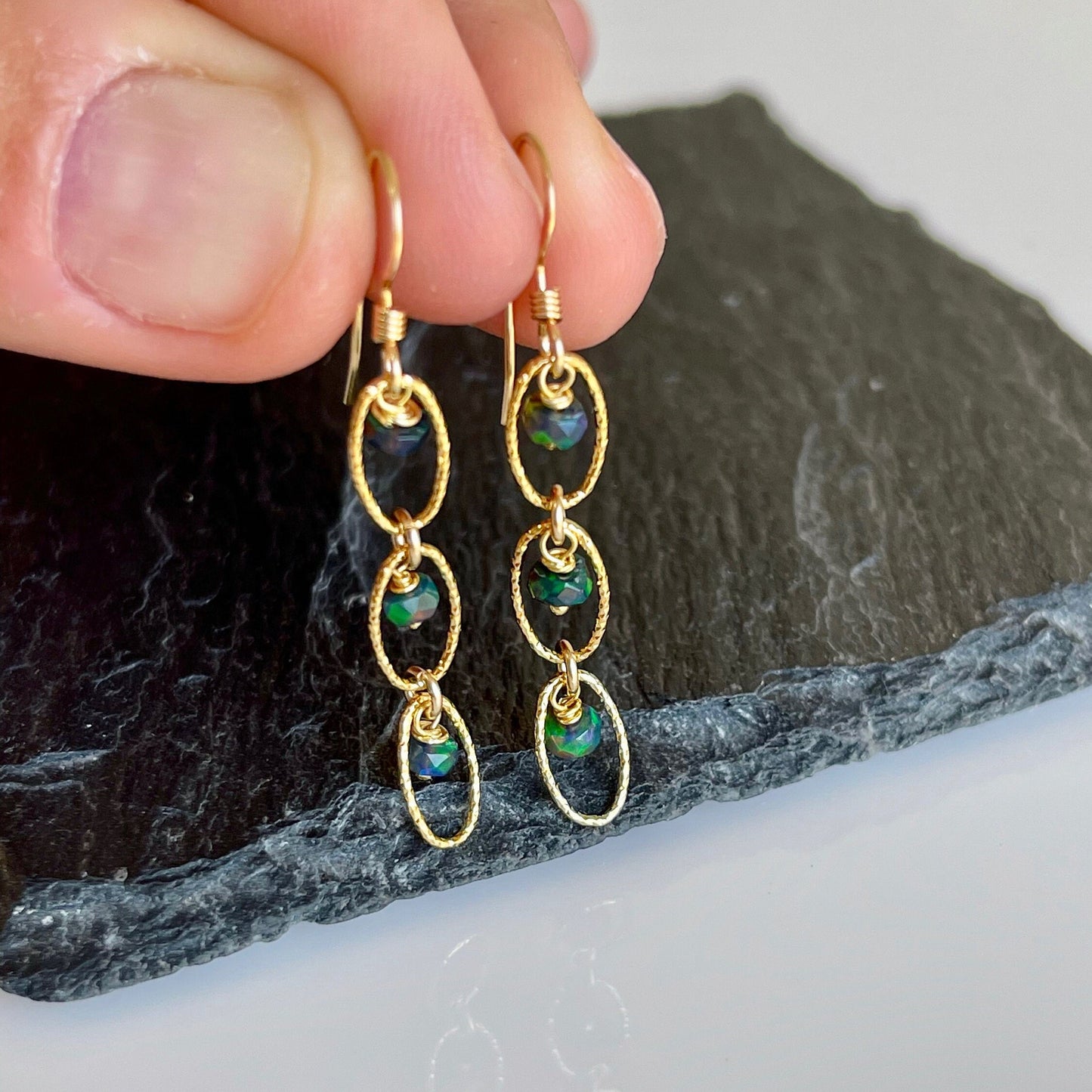 Black Opal Three Oval Link Earrings- October Birthstone