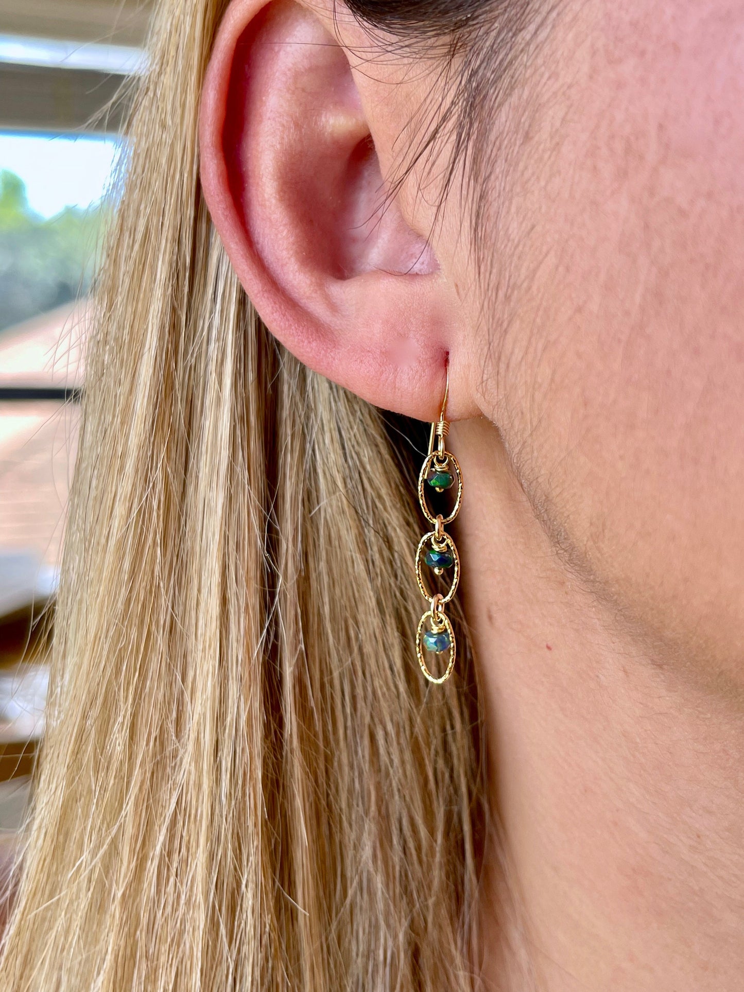 Black Opal Three Oval Link Earrings- October Birthstone
