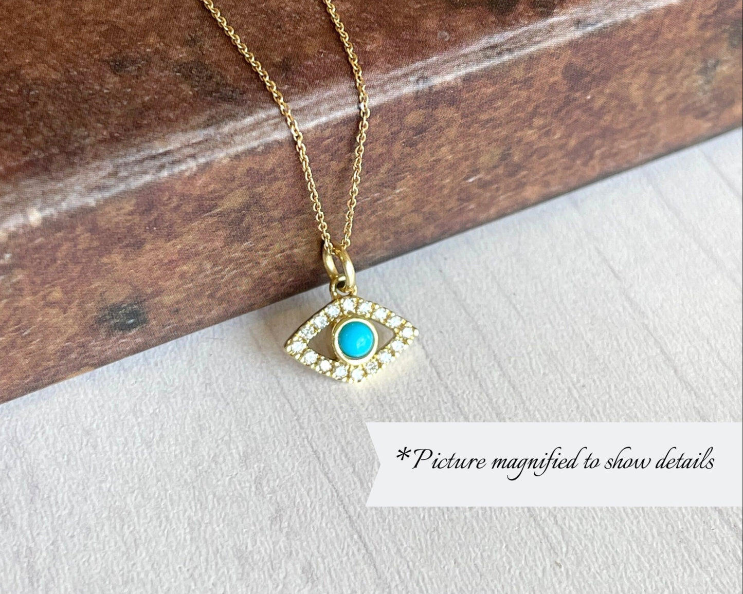 Diamond and Turquoise Evil Eye Necklace- Solid 14k Yellow Gold