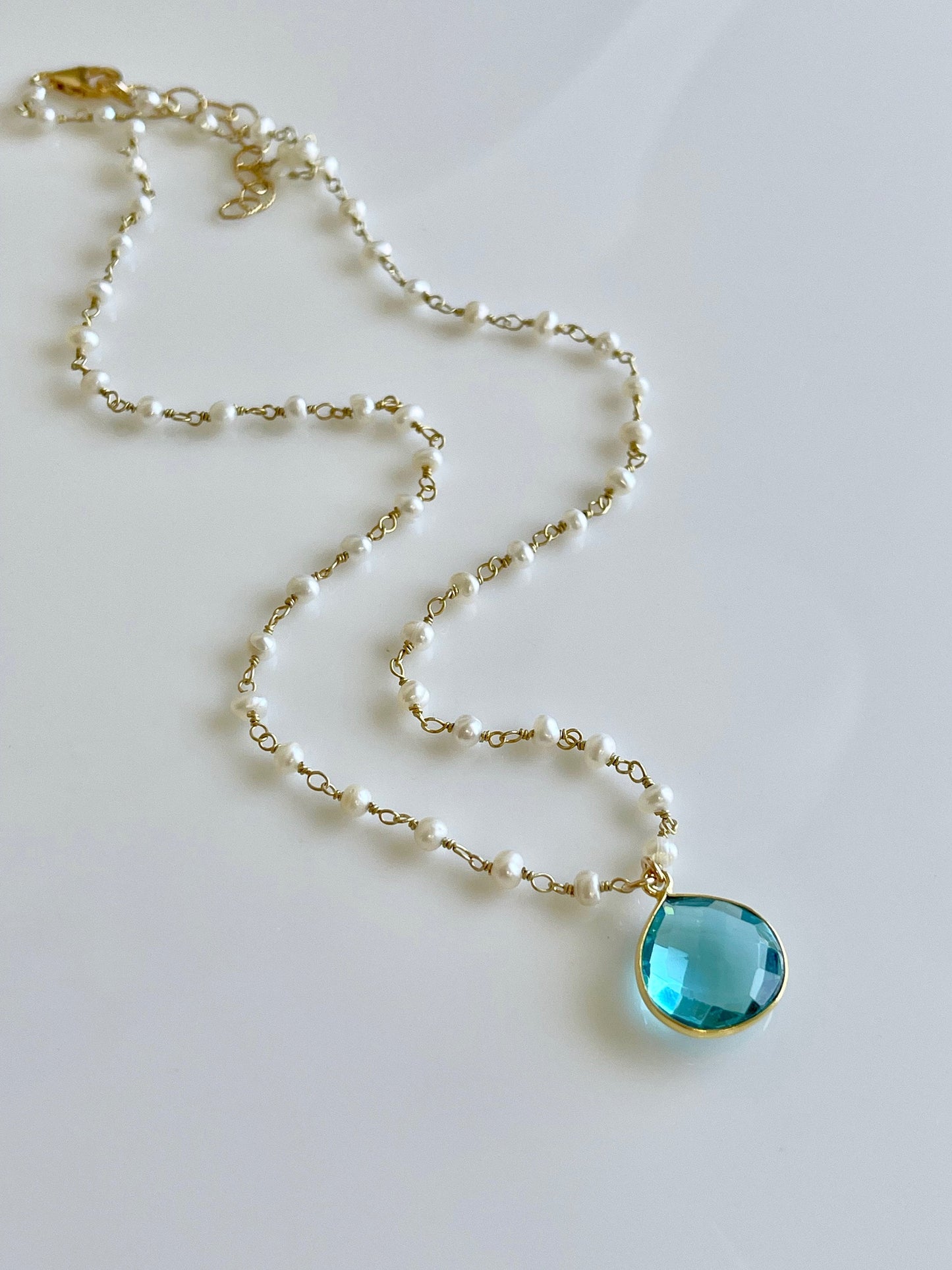 Aquamarine and Pearl Necklace, Sky Blue Aquamarine Teardrop Pendant, March Birthstone, White Beaded Gold Statement Jewelry, Gift for Mom