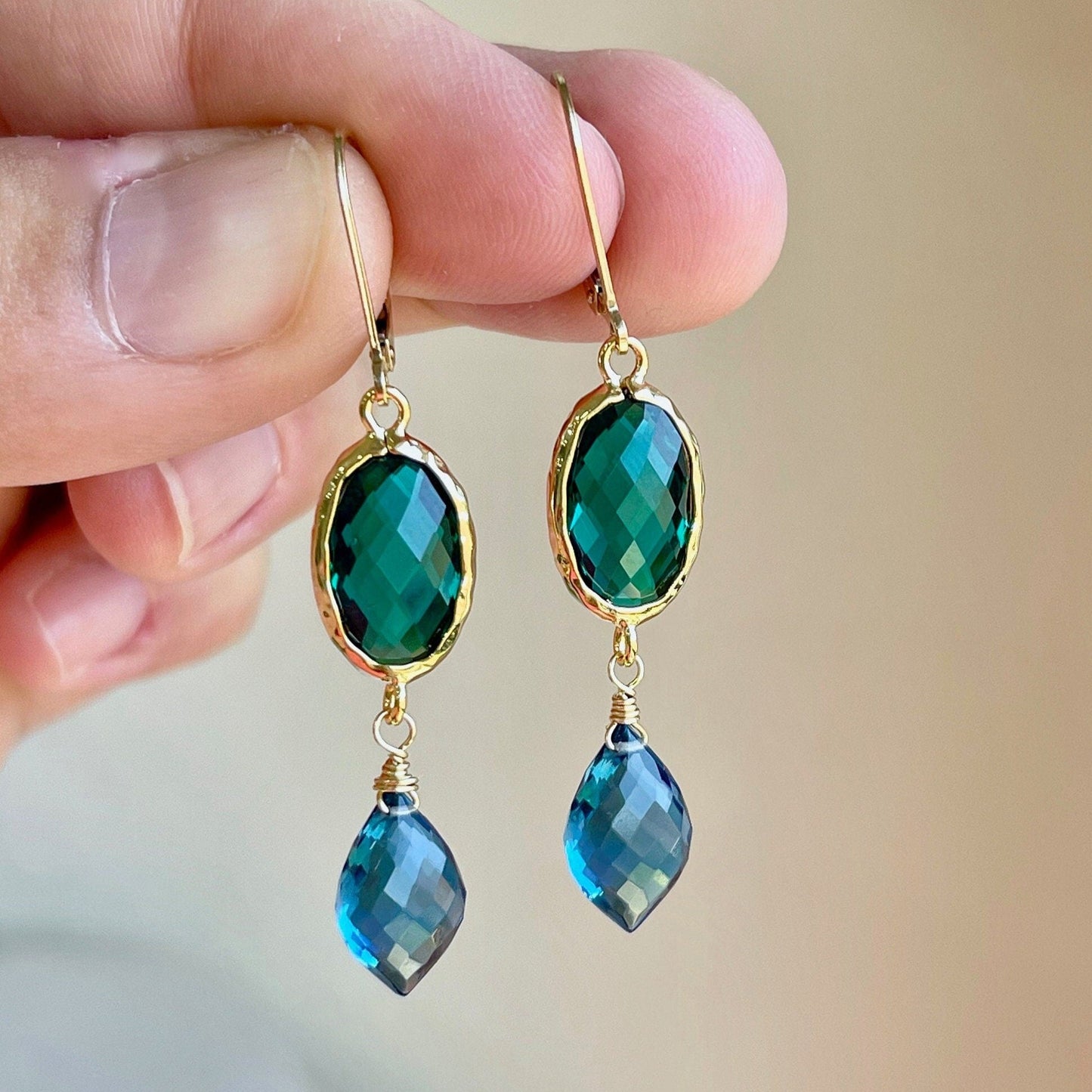 Emerald Quartz and Blue Topaz Earrings