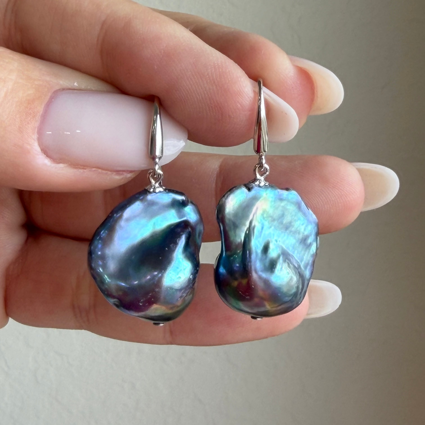 Baroque Peacock Flame ball Pearl Drop Earrings in Sterling Silver