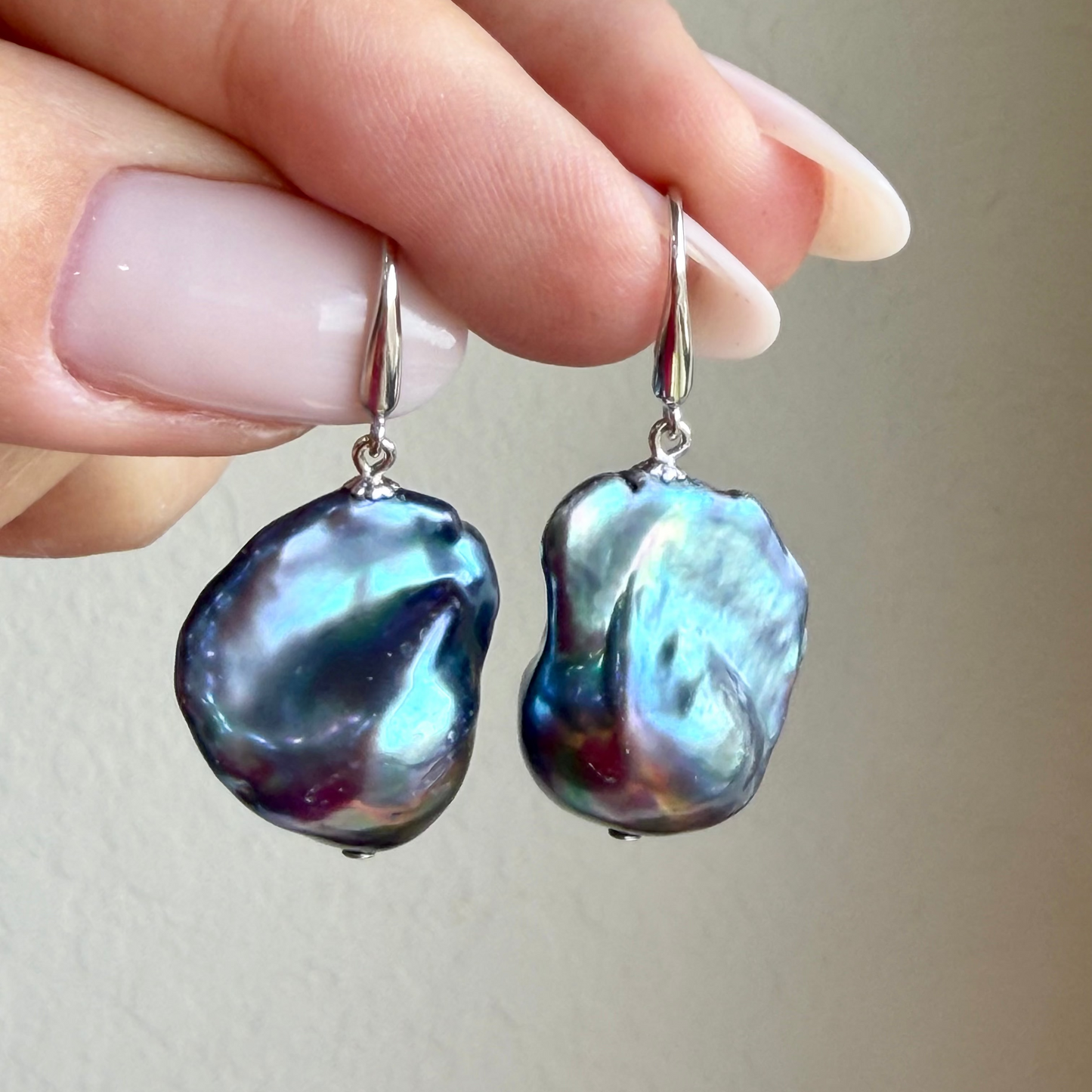 Baroque Peacock Flame ball Pearl Drop Earrings in Sterling Silver