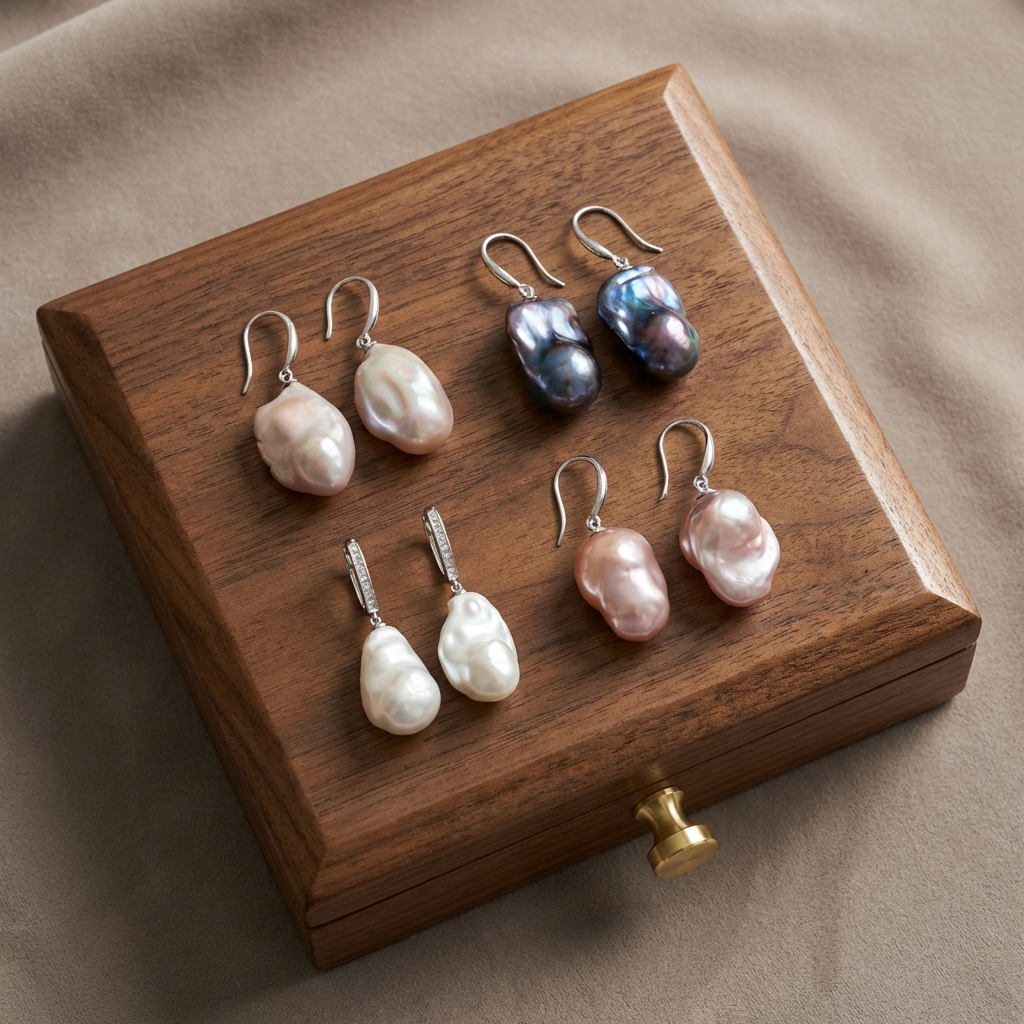Baroque White Pearl Drop Earrings in Sterling Silver
