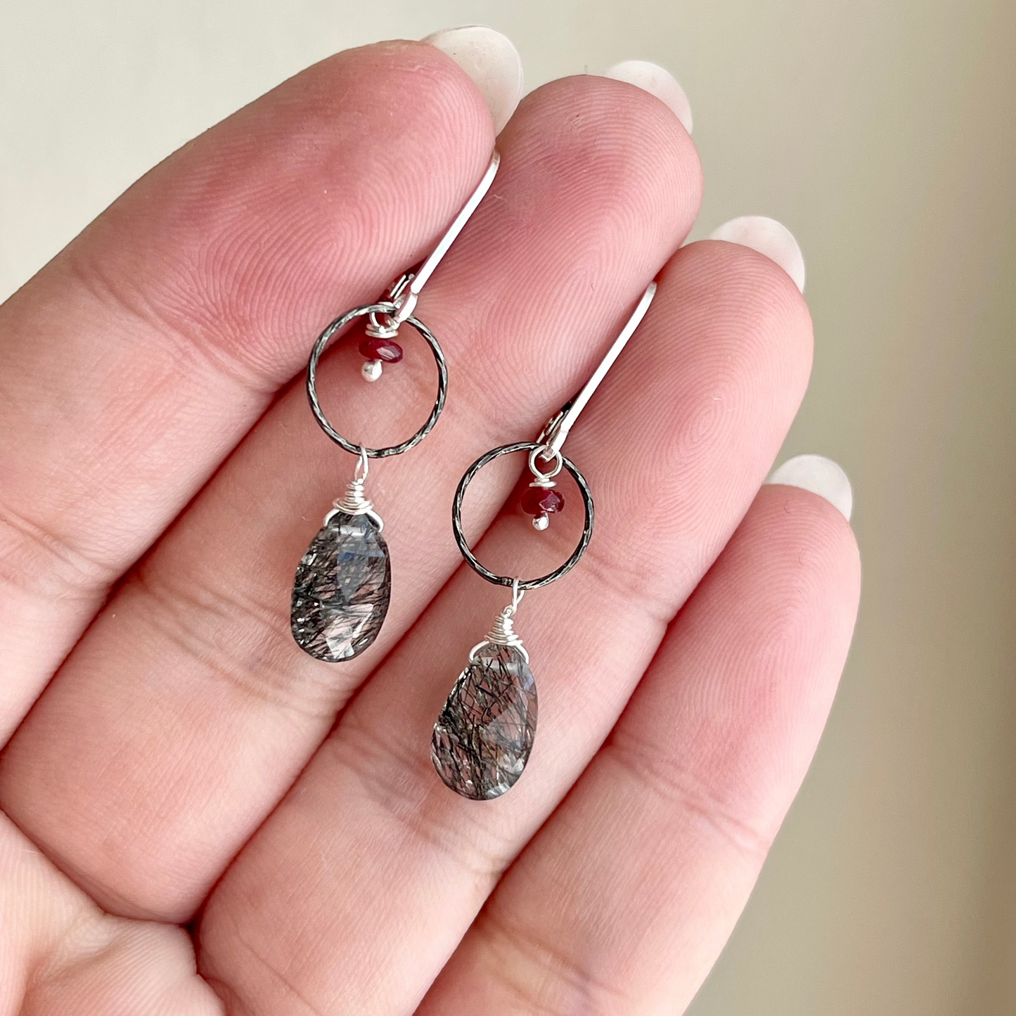 Rutilated Quartz and Ruby Earrings