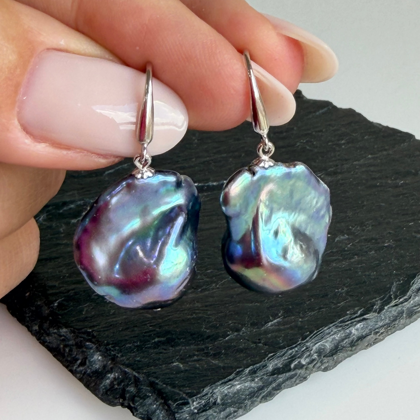 Baroque Peacock Flame ball Pearl Drop Earrings in Sterling Silver