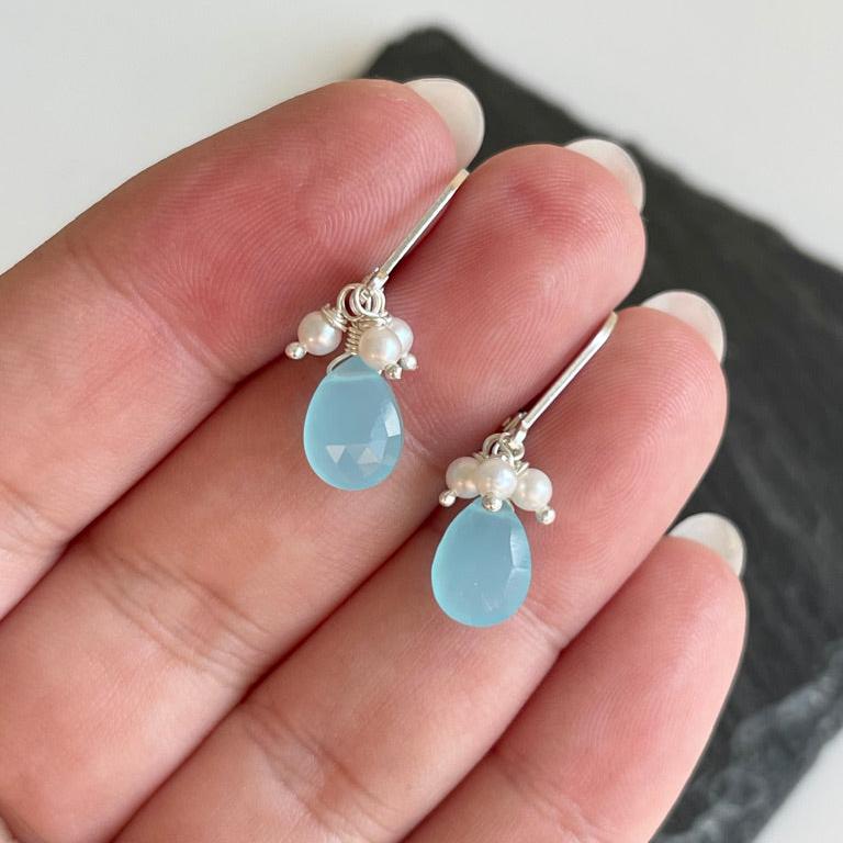 Aqua Chalcedony and Pearl Earrings, Blue and White Minimalist Earrings in Gold or Silver, Summer Teardrop Earrings with Pearls, Gift for her