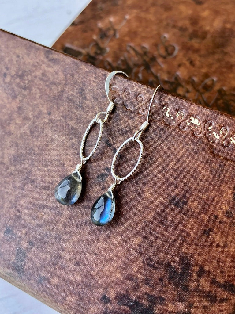 Labradorite Teardrop Oval Link Earrings