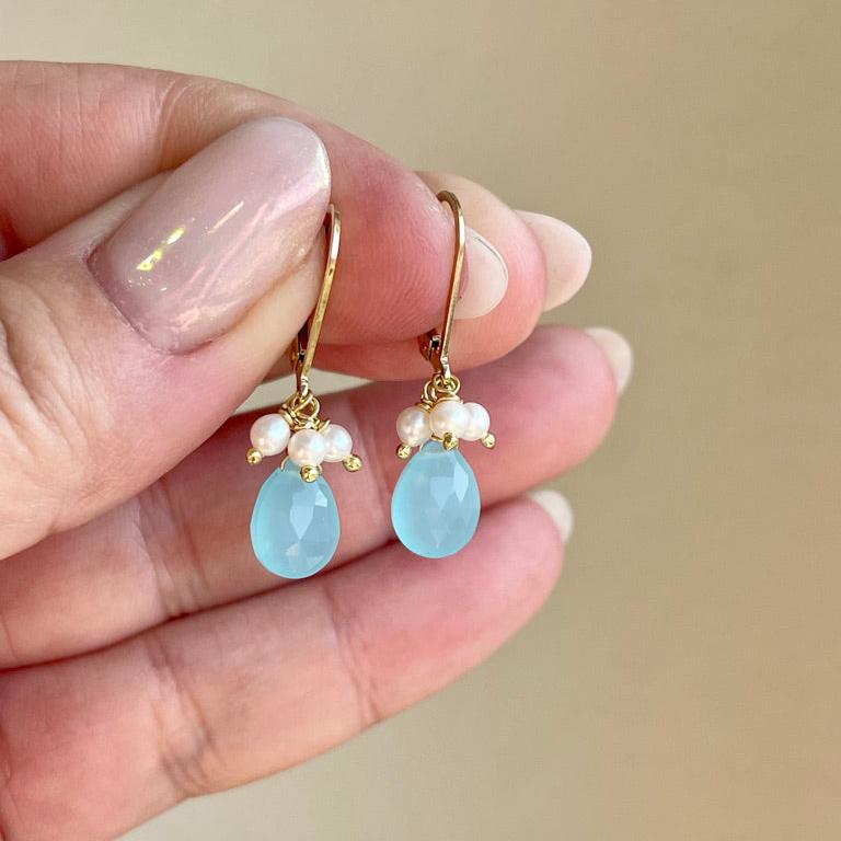 Aqua Chalcedony and Pearl Earrings, Blue and White Minimalist Earrings in Gold or Silver, Summer Teardrop Earrings with Pearls, Gift for her