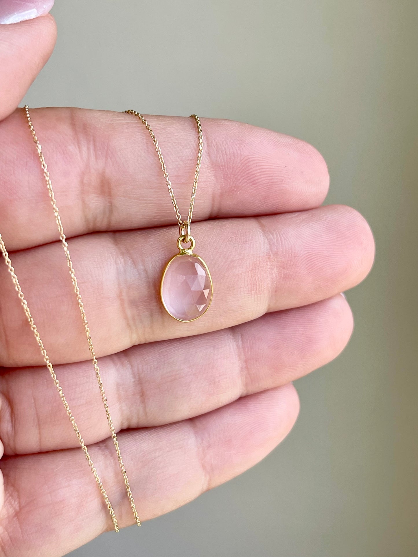 Rose Quartz Oval Necklace- Solid 14k Gold Necklace