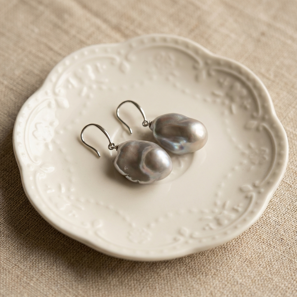 Baroque Gray Pearl Drop Earrings in Sterling Silver