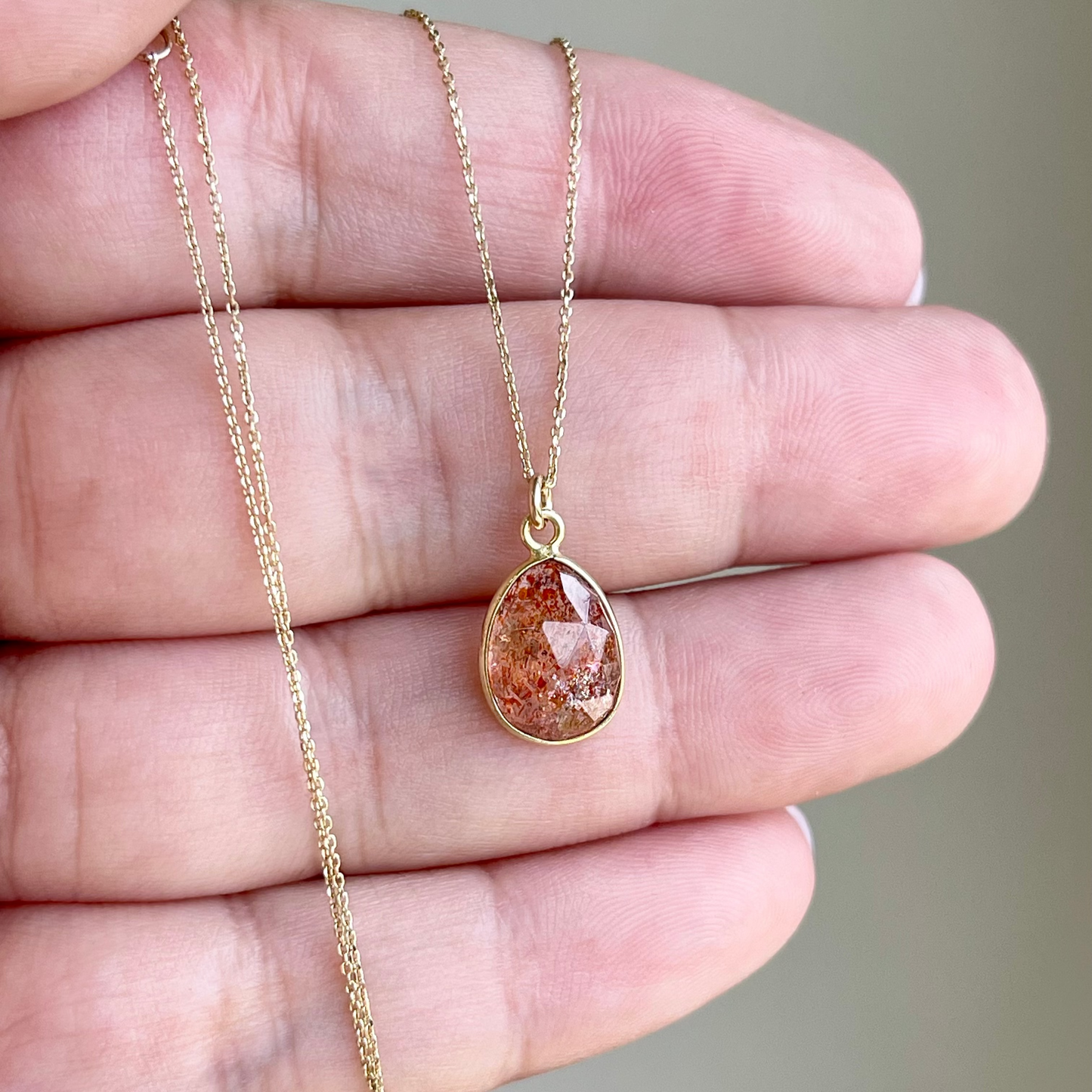 Orange Sunstone Oval Necklace- Solid 14K Gold
