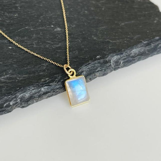 Rainbow Moonstone Necklace, June Birthstone, Tiny Rectangle Baguette Pendant in Solid 14k Gold, Anniversary or Birthday gift for her