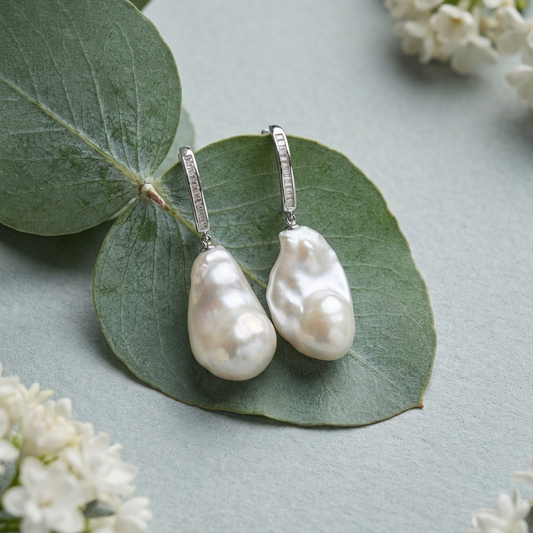 Baroque White Pearl Drop Earrings in Sterling Silver