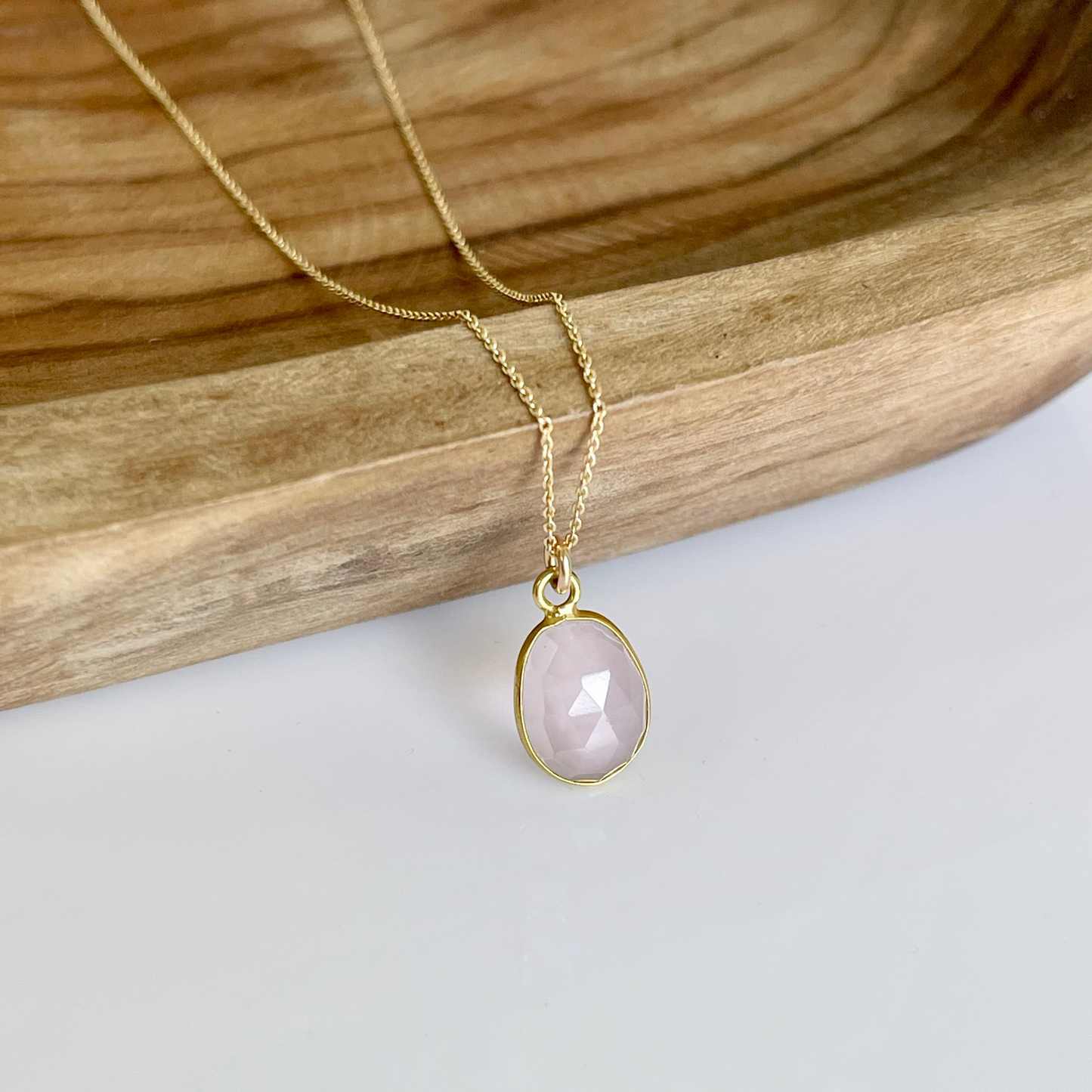 Rose Quartz Oval Necklace- Solid 14k Gold Necklace