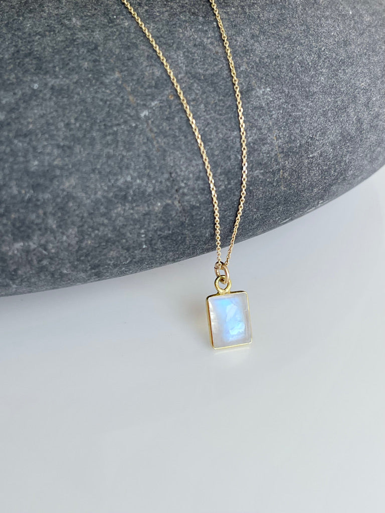 Rainbow Moonstone Necklace, June Birthstone, Tiny Rectangle Baguette Pendant in Solid 14k Gold, Anniversary or Birthday gift for her